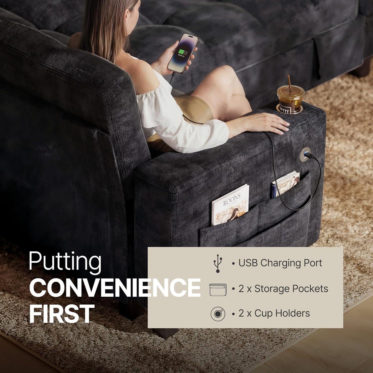 Marsail 110" Sectional Sleeper Sofa with Pull Out Bed, 7 Seat Modular Sectional Couch with Storage, USB & Cup Holders, Modern Chenille Cloud Sofa for Living Room, Dark Gray