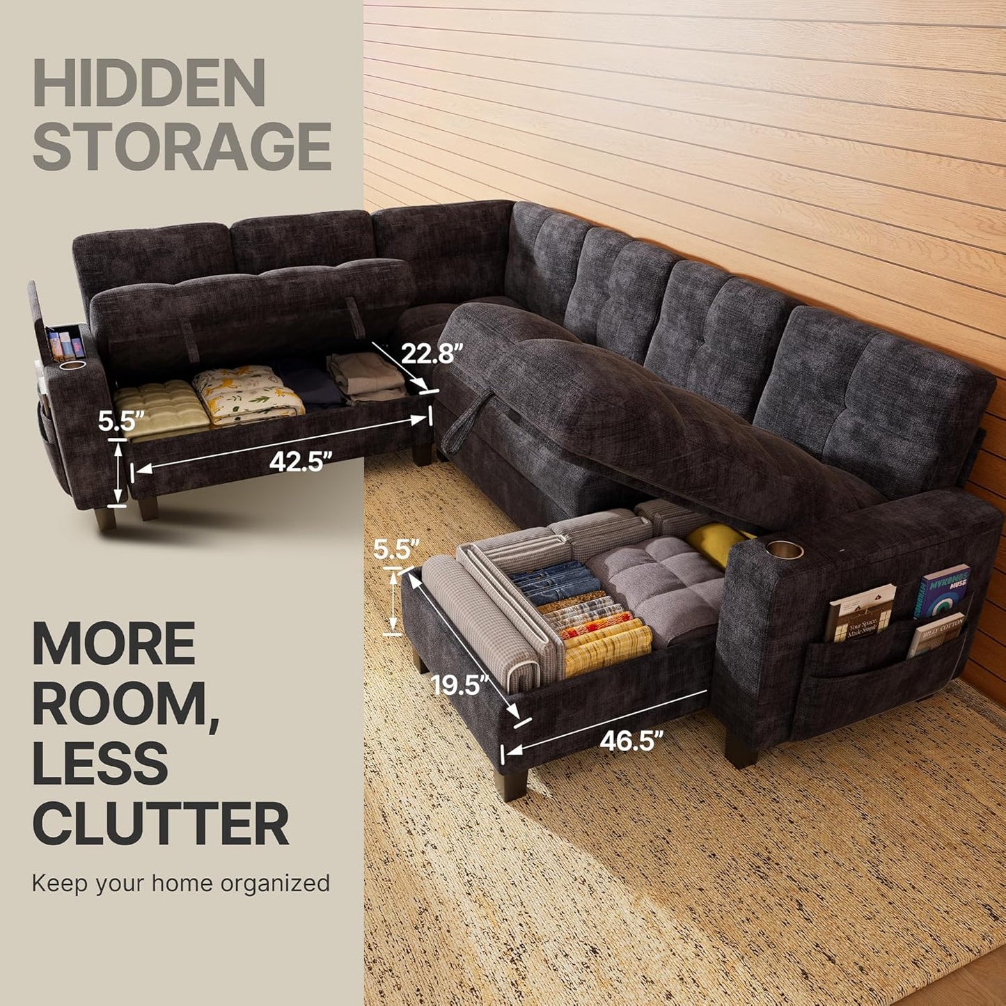 Marsail 110" Sectional Sleeper Sofa with Pull Out Bed, 7 Seat Modular Sectional Couch with Storage, USB & Cup Holders, Modern Chenille Cloud Sofa for Living Room, Dark Gray