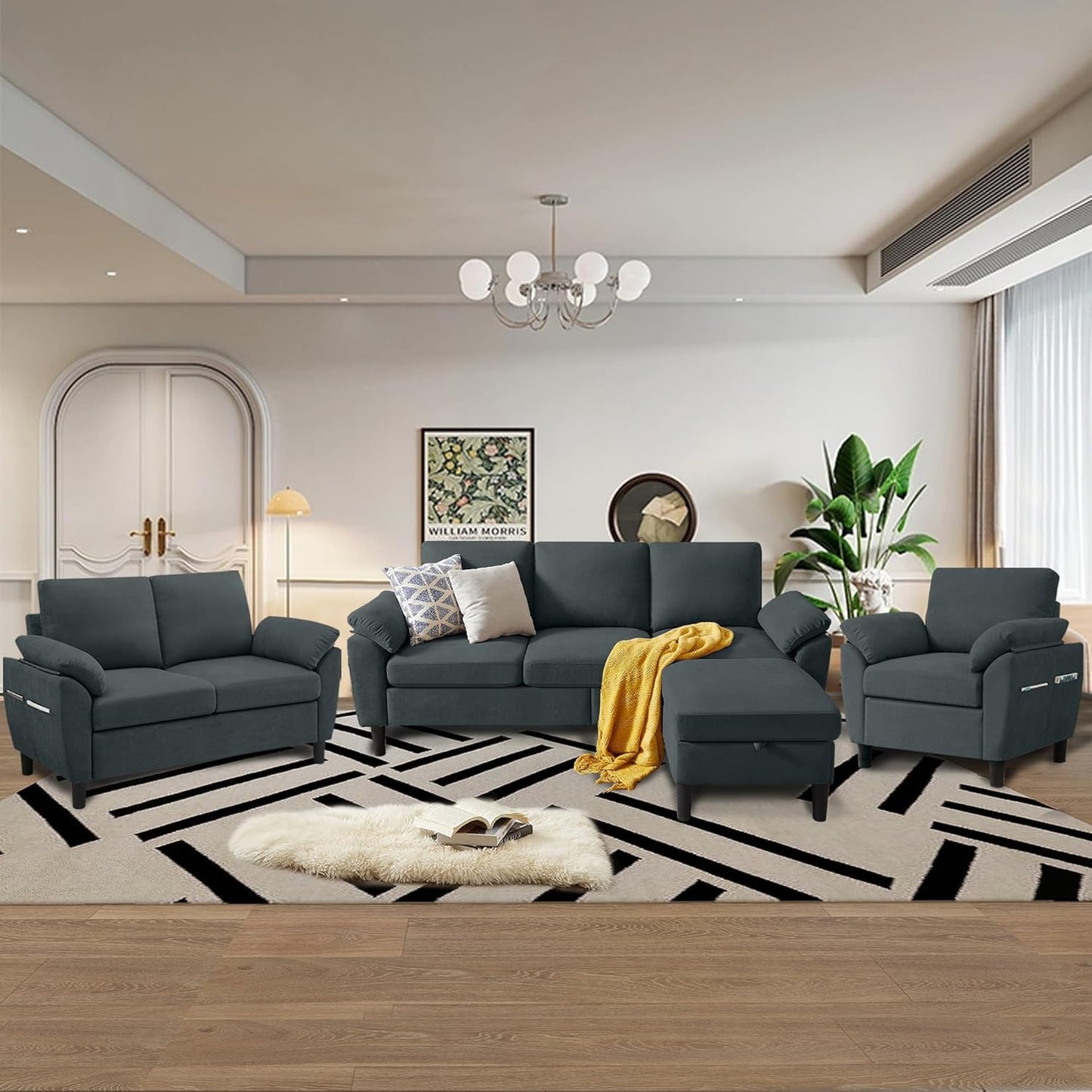 4 Piece Convertible Sectional Sofa Set, Modern Linen Small L Shaped Couch with Reversible Chaise, 3-Seater Sofa & Loveseat & Armchair for Living Room, Office, Apartment, Dark Grey