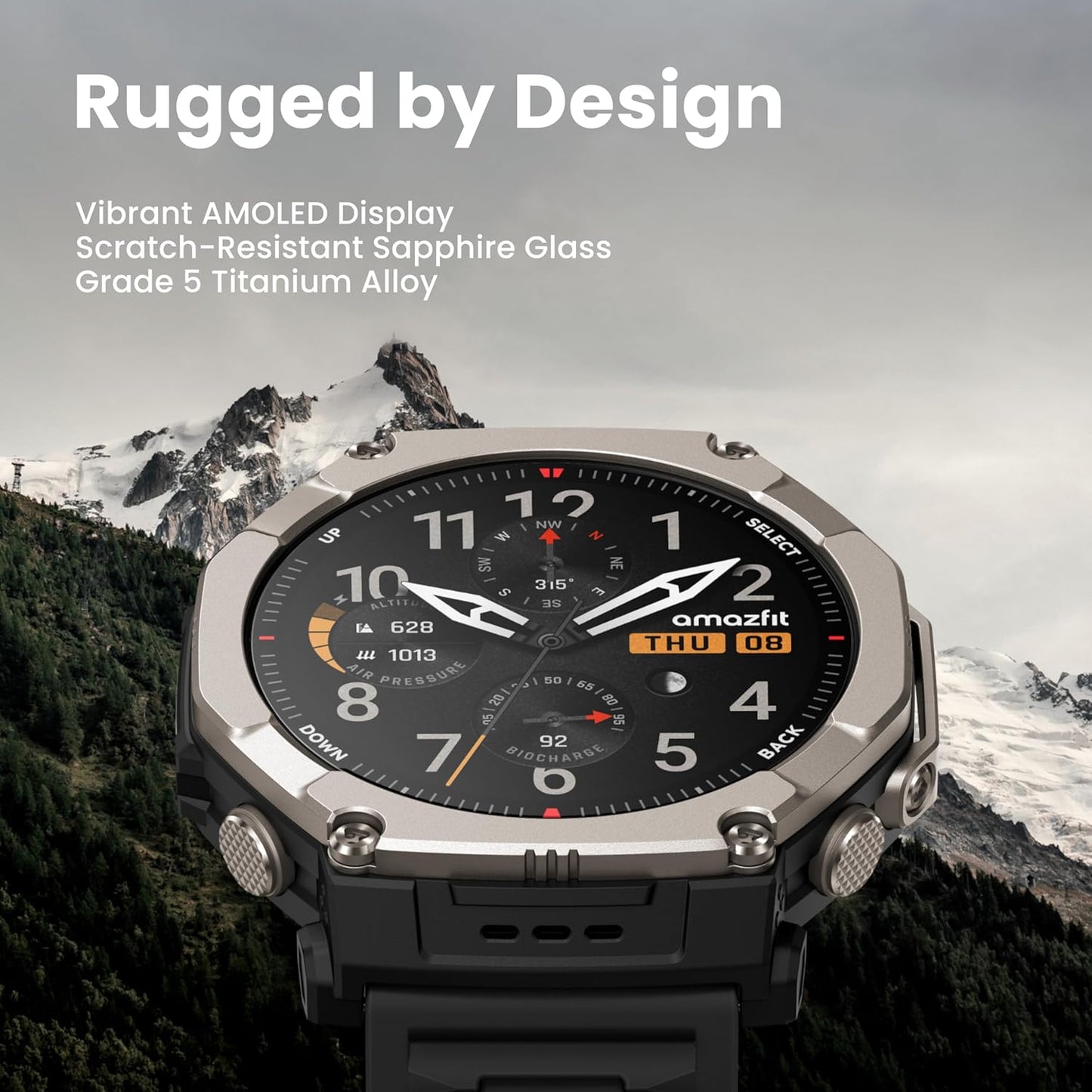 Amazfit T-Rex Ultra 2 Dual-Band GPS Outdoor Smartwatch, 51mm Ti Body, 1.5" Sapphire AMOLED Display, Flashlight, 30 Days of Battery, Offline Maps, 10 ATM, 180+ Sports Mode for Android & iPhone, Black