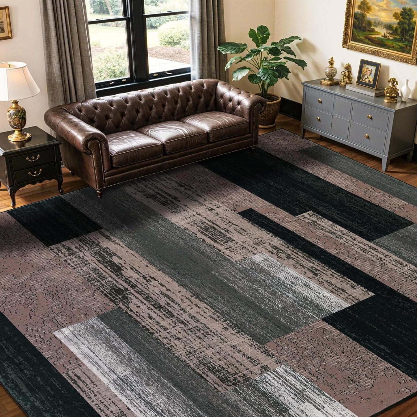 LIANLAM 8x10 Washable Area Rugs for Living Room and Bedroom, Checkered Pattern Non-Slip Carpet, Stain Resistant Low Pile Soft Rug for Dining Room,Office,Nursery,Kids Room(8x10,Chocolate)