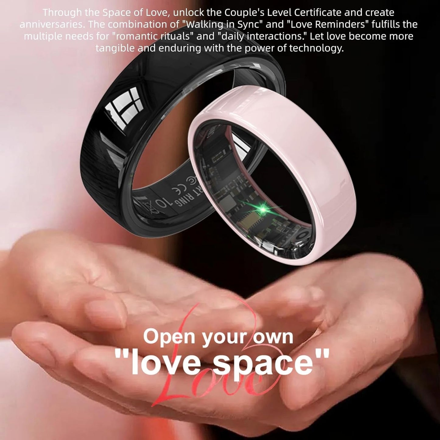 Smart Rings for Couples, Health Rings for Men & Women, 24/7 Track Heart Rate, Sleep, SpO2, Stress, HRV & Cycles, 5ATM Waterproof, iOS/Android, No Subscription, Pink, Size 6 (16.6mm)