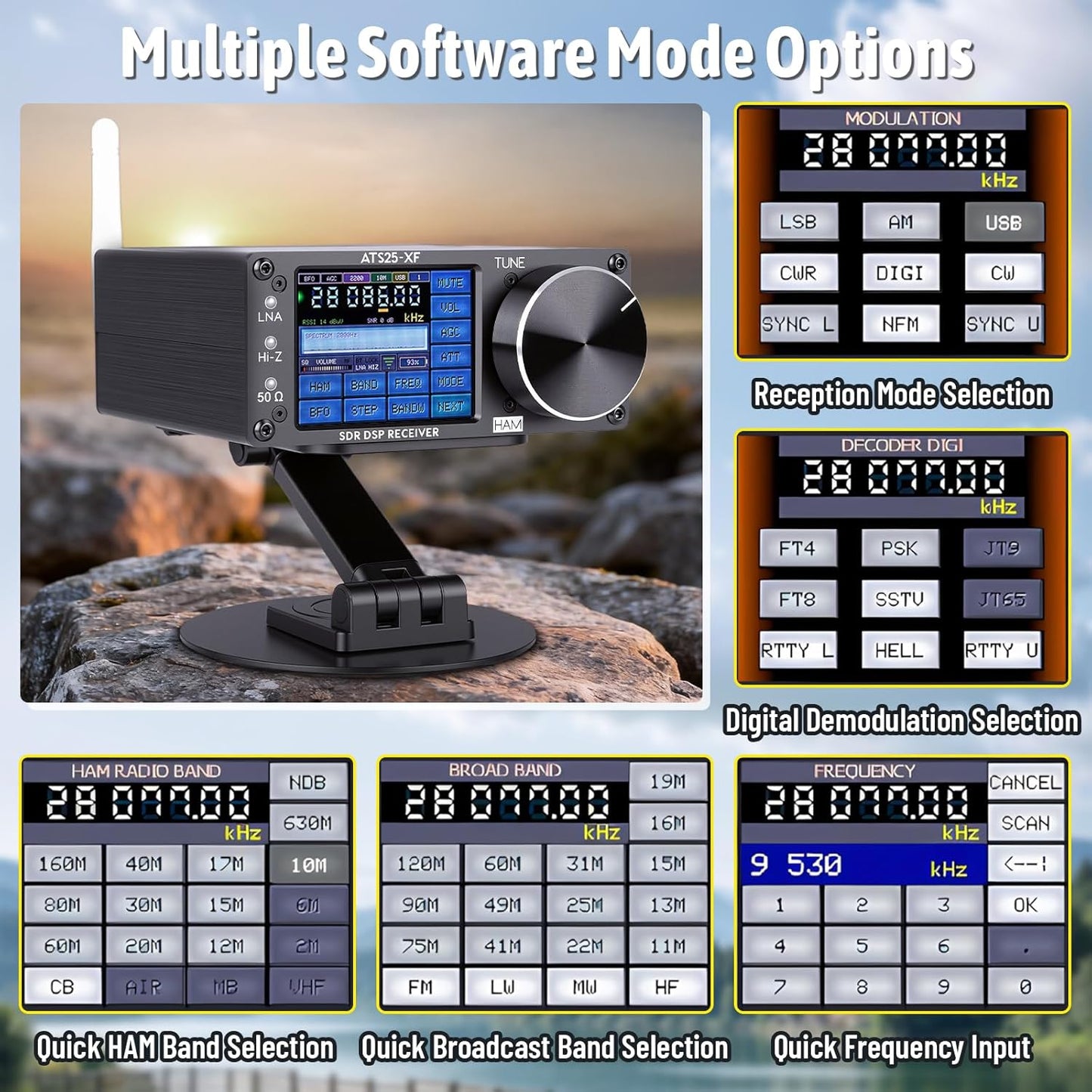 Upgraded V4.20 ATS25-XF Si4732 DSP Portable Shortwave Radio Receiver,FM LW SW MW CB SSB WiFi Function Full Band Radio Receiver,CW FT8 RTTY PSK Hell Digital Decoder with Bracket&2 Circular Antennas