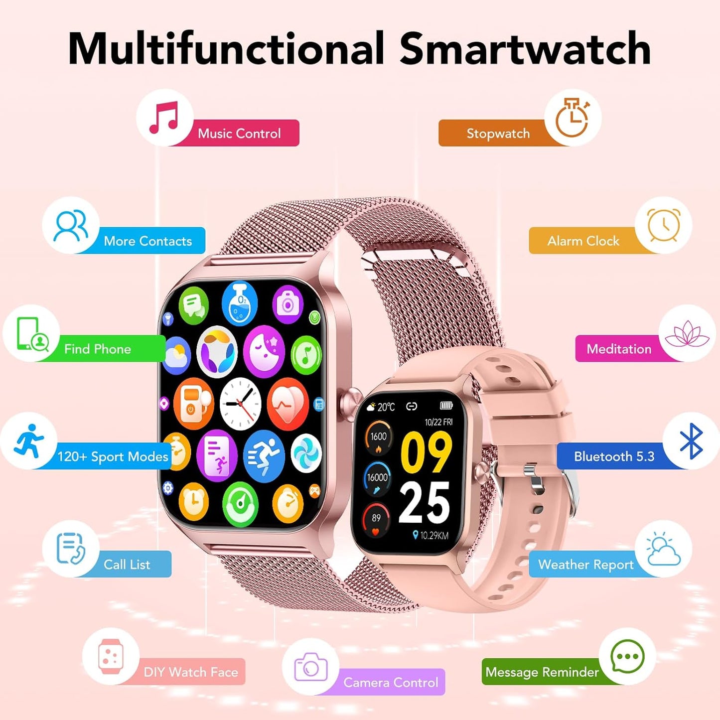 CASCHO Smart Watch for Women (2 Bands), Bluetooth Call Smartwatch with AI Voice,1.85" HD Fitness Watch,Heart Rate/SpO2/Steps/Sleep Monitor,120+ Sports Modes,IP68 Waterproof Watch for Android iOS-Rose