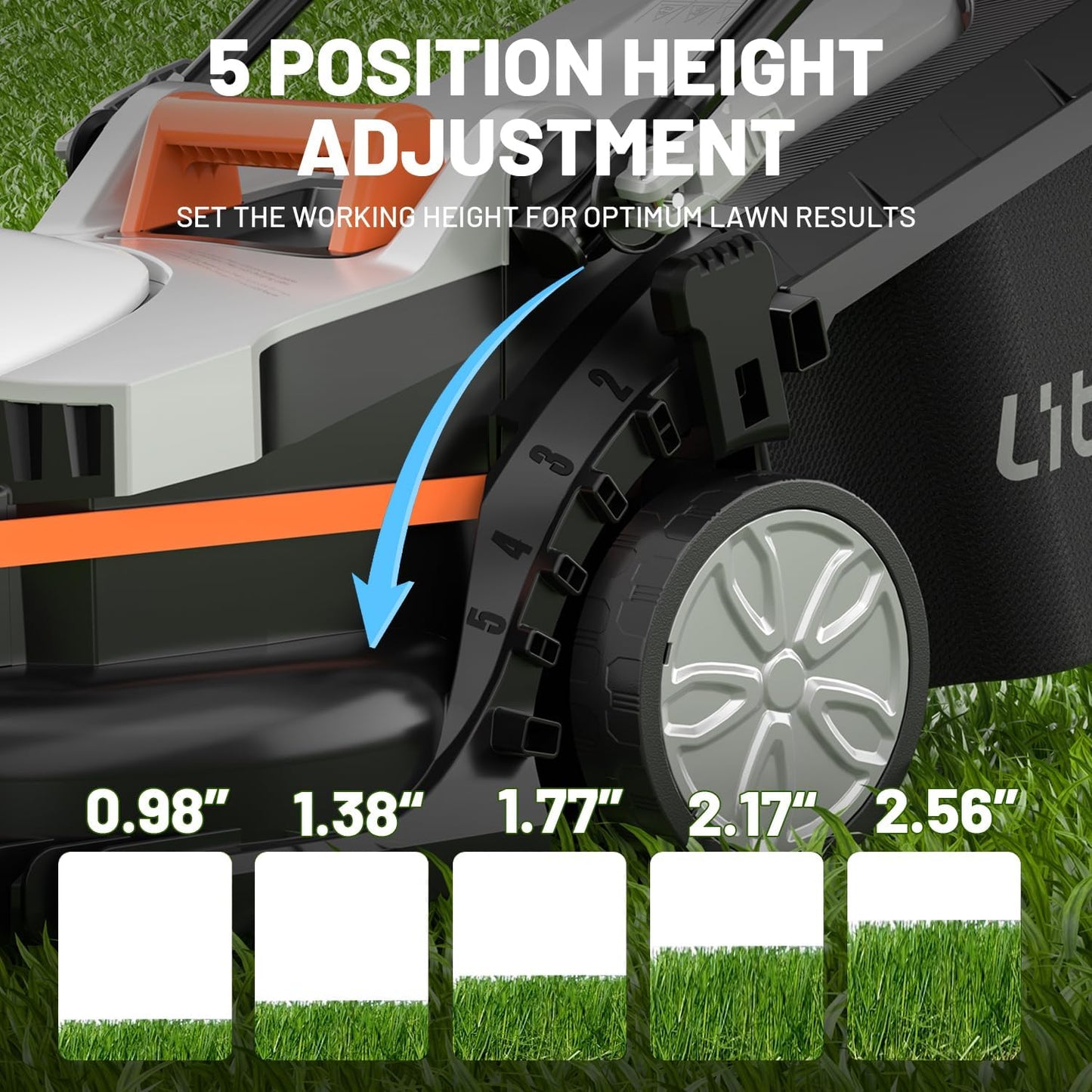 Litheli Electric Lawn Mower Cordless,Grass Cutter Machine for 1600 Sq.Ft. Lawnmower with Motor,13 in Cutting Width,8 Gallon Capacity,Cutting Height from 1 to 2.5 in（ 4.0 Battery）