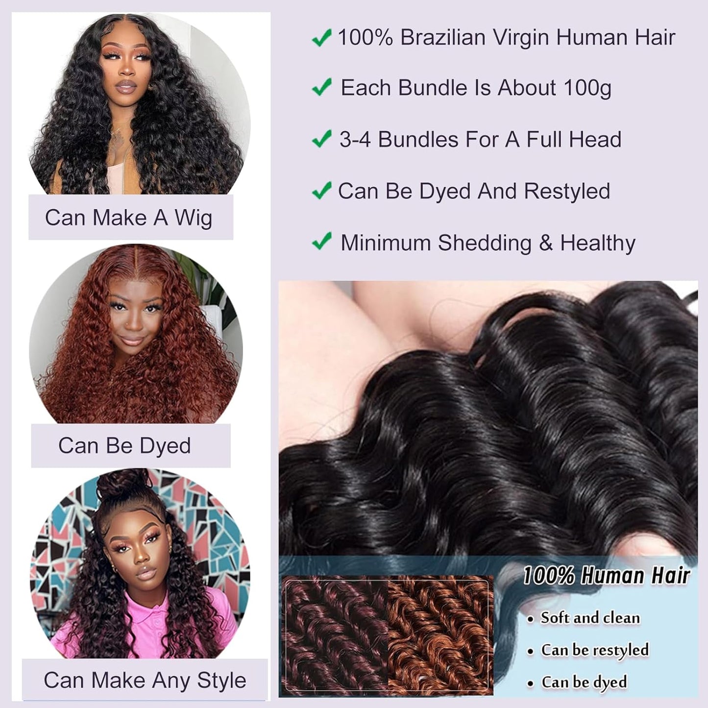 Deep Wave Human Hair Bundles, 22 24 26 Inch 13A Curly Bundles Human Hair, Wet and Wavy 100% Brazilian Virgin Quick Weave Deep Wave Bundle for Women, 300G