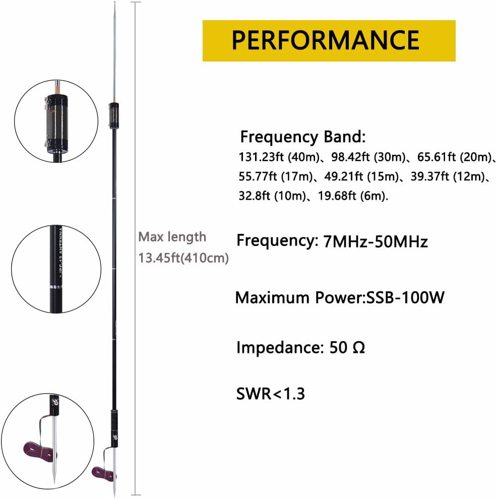JPC-12 HF Antenna for Ham Radio, 7MHz-50MHz All Band Vertical Antenna with Slide Regulator, 40m-6m(131.23ft-19.68ft), 8 Bands, QRP Compatible, Portable for Outdoor Use