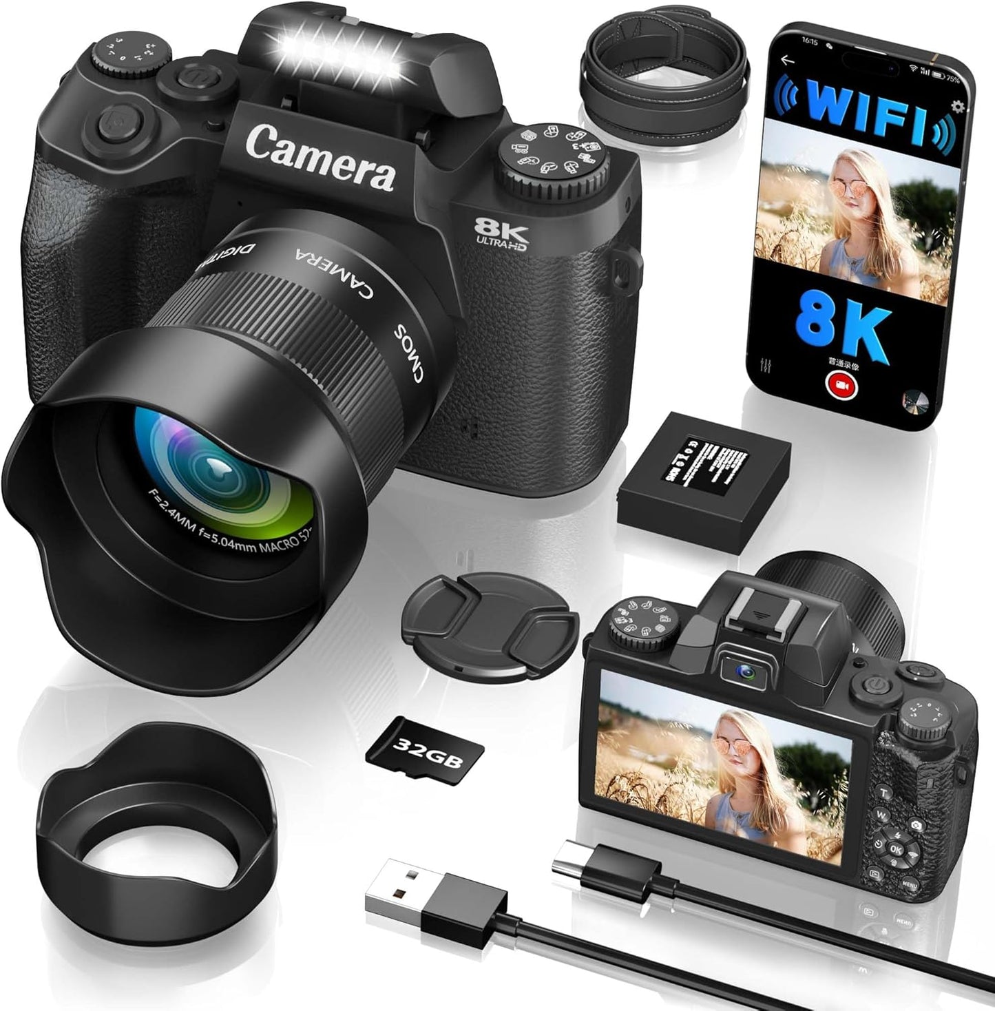 8K Digital Camera, 64MP WiFi Cameras for Photography with 4" Touchscreen, Vlogging Camera for YouTube with 16X Zoom Autofocus Dual Lens, 3000mAh Battery, 32GB Card & Lens Hood (Black)