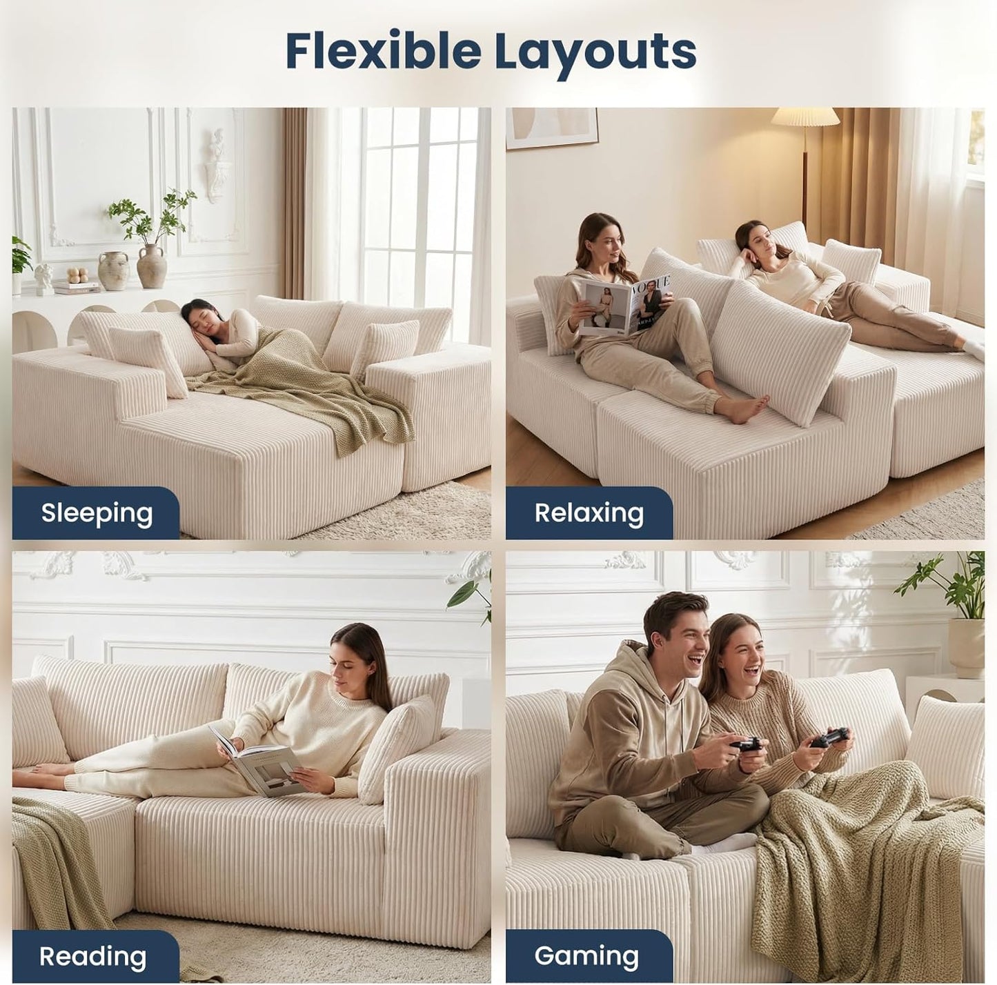 DUMOS 108" Boneless Couch, Cloud Sectional Couch with L-Shape Chaise, Modular Sectional Sofa with Deep Seat, Upholstered Couch for Living Room Bedroom, No Assembly Required, Beige, Left Facing Chaise