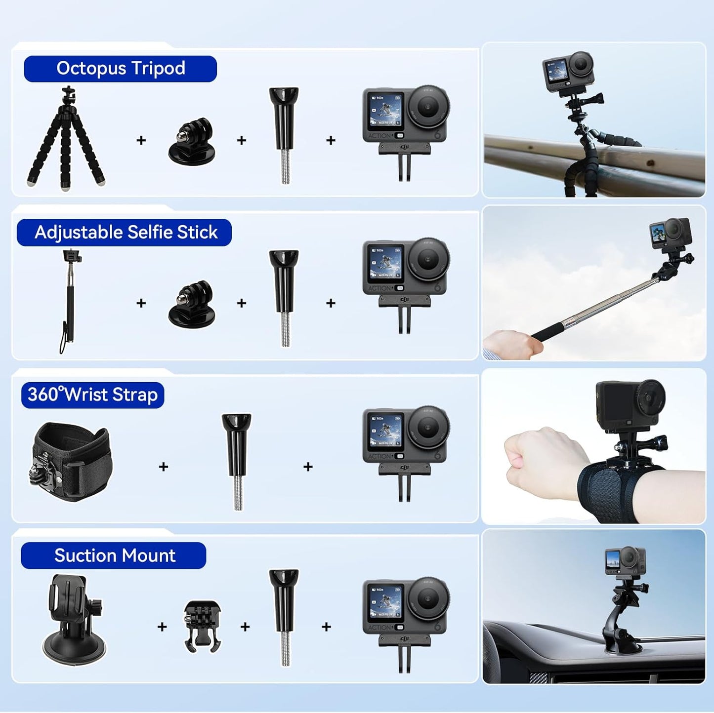 DJI Osmo Action 6 8K Waterproof Action Camera Bundle, 1/1.1" Square Sensor, 50GB Built-in Storage, Original Essential Combo + 58 Piece Accessory Kit + 2 Extra Batteries + Extra 64GB Card