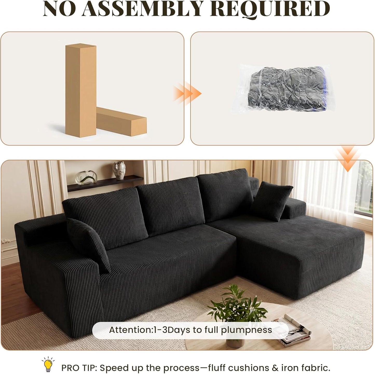 GRUSIGN Cloud Sectional Boneless Couches for Living Room, Modular L Shaped Couch with Deep Seat Oversized Right Facing Chaise, Memory Foam Compressed Spineless 3 Seater Sofa for Apartment, Black