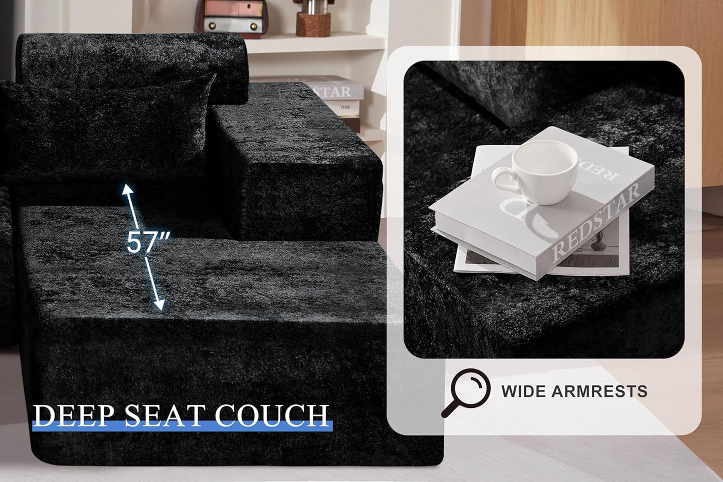 HABUTWAY 105" L-Shape Modular Sectional Sofa Couch for Living Room,No Assembly Required,Modular Comfy Sofa with Deep Seat for Living Room Bedroom,Luxury Distressed Velvet(Right,Black)