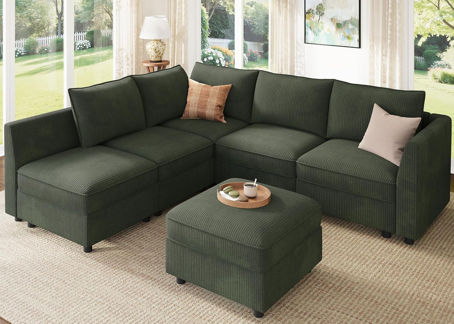 HONBAY Modular Sectional Sleeper Sofa Green Couch L Shaped Sectional Sofa with Storage, Convertible Couches for Living Room - Green