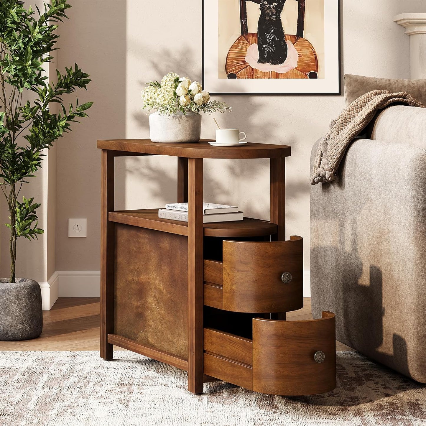 LITTLE TREE Solid Wood End Table Set 2 with 2 Drawers & Open Shelf, No Assembly Required Side Table for Living Room, Vintage Brown Couch Side Tables, Slim Bedside Table Nightstand for Bedroom