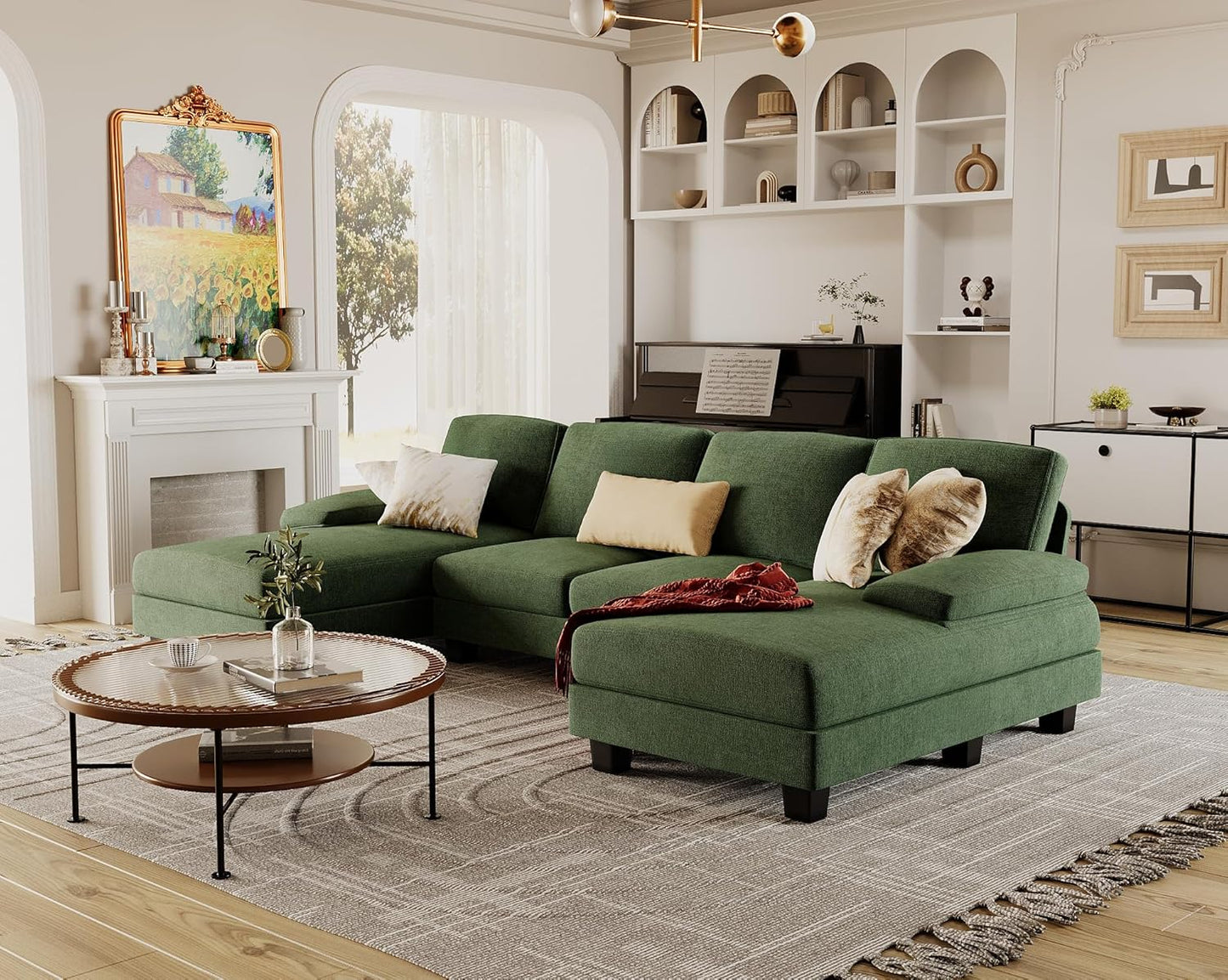 Furmax Sectional Couches for Living Room, U-Shaped Sofa Couch with Linen Fabric, 4 Seat Sofa Set with Double Chaise for Apartment (Chenille, Green)