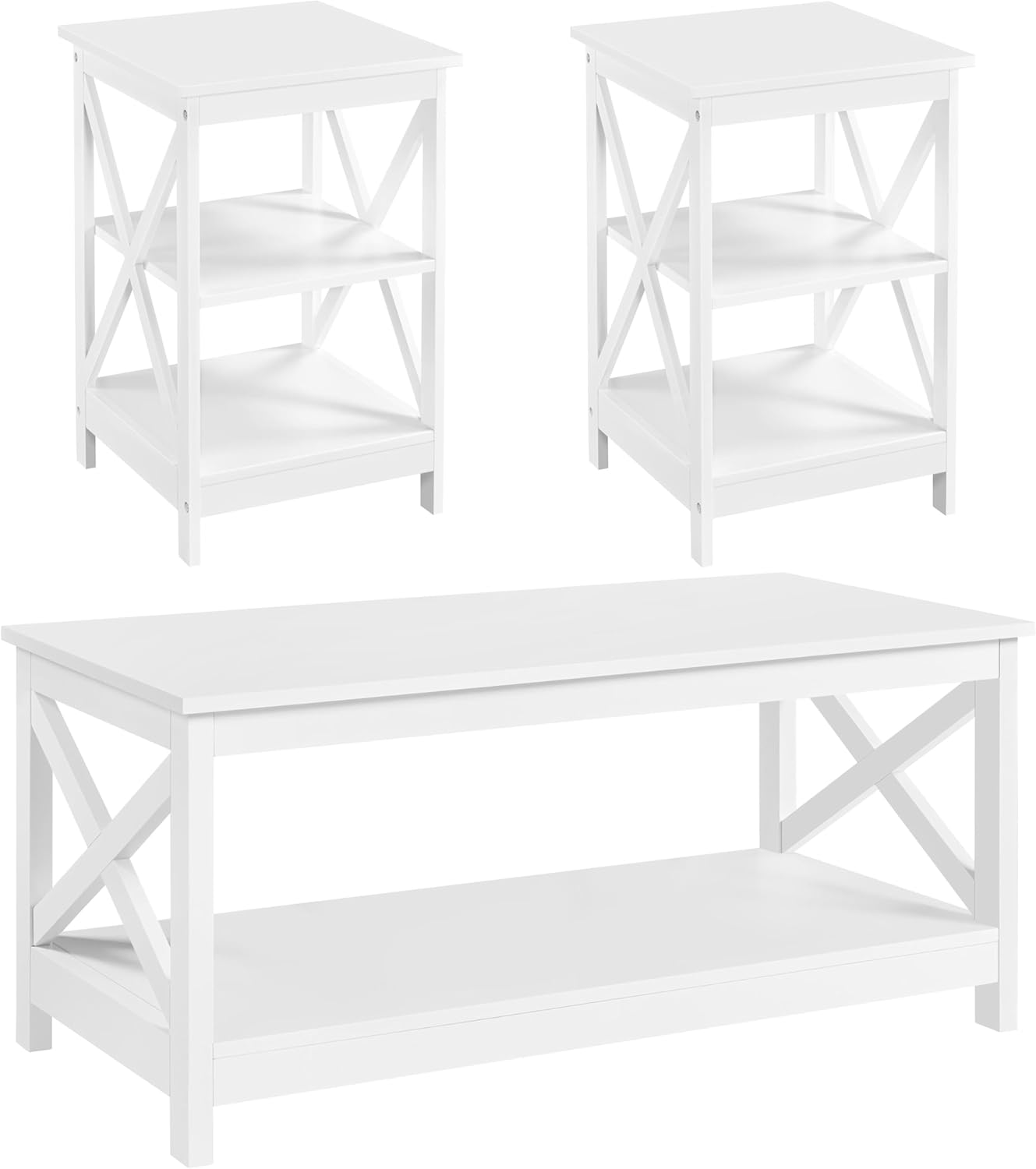 Yaheetech 3 Piece Living Room Wood Table Set, X-Design Coffee Table with Shelf & 2 x 3-Tier End Side Tables Storage Cabinet for Living Room, Accent Furniture, White