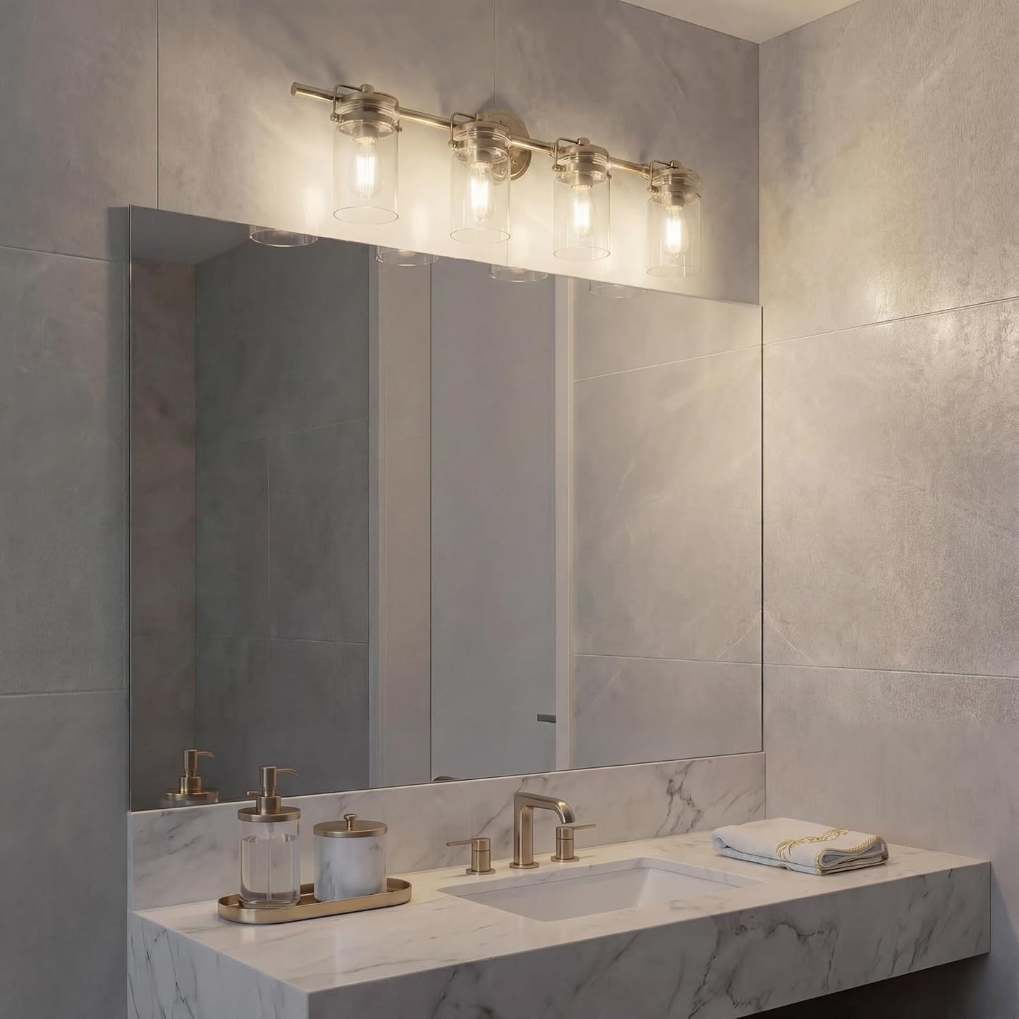 Kichler Brinley 4-Light Bathroom Vanity Light Fixture with Clear Glass in Champagne Bronze, Industrial Farmhouse Style for Mirror Lighting (32.5" x 10.25" x 6.75"), 45690CPZ