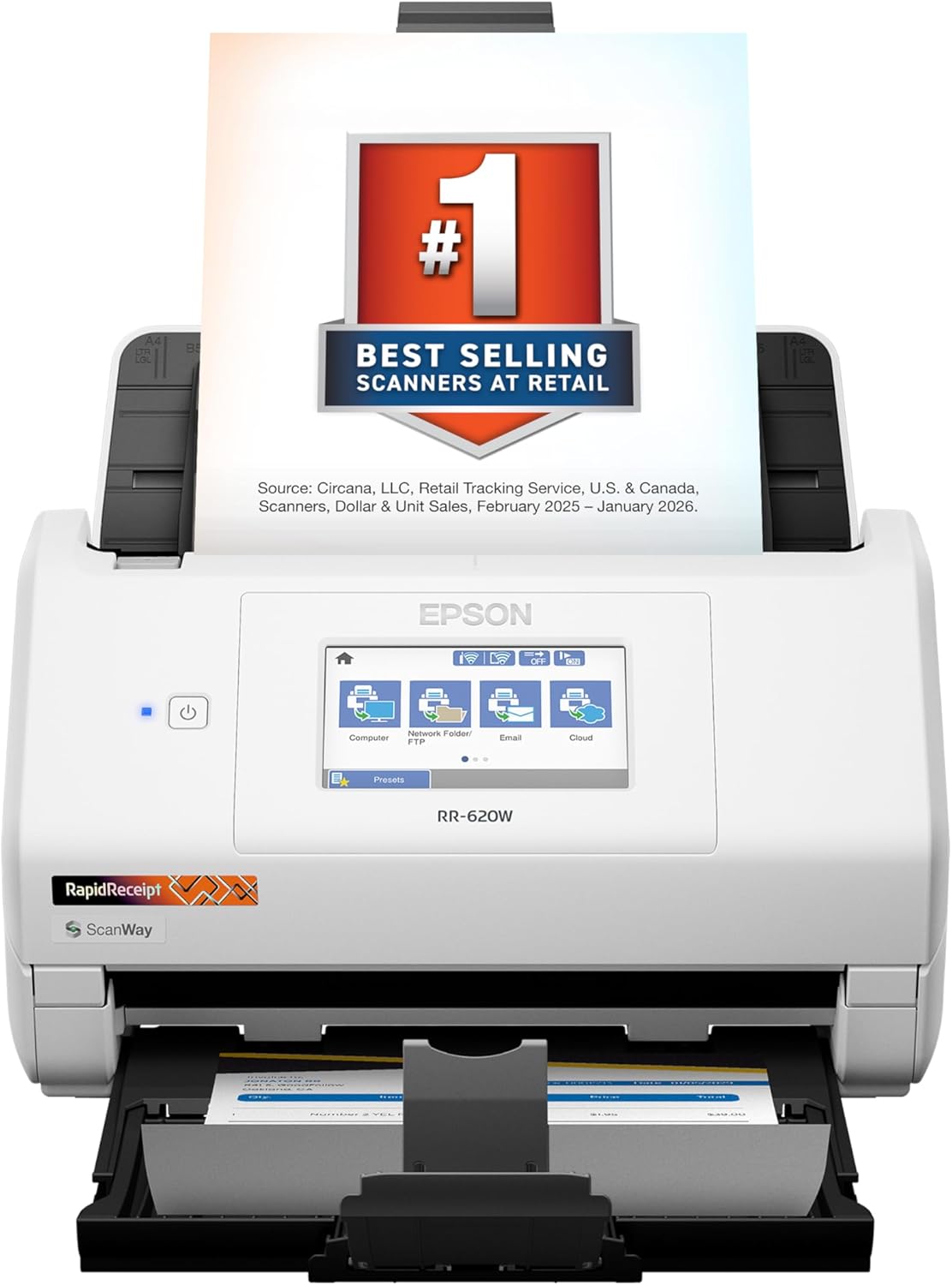 Epson RapidReceipt RR-620W Wireless & USB High-Speed AI & Cloud Ready Desktop Color Duplex Receipt & Document Scanner for Mac & PC, up to 45 ppm, 4.3" Color Touchscreen, 100-Page Auto Document Feeder
