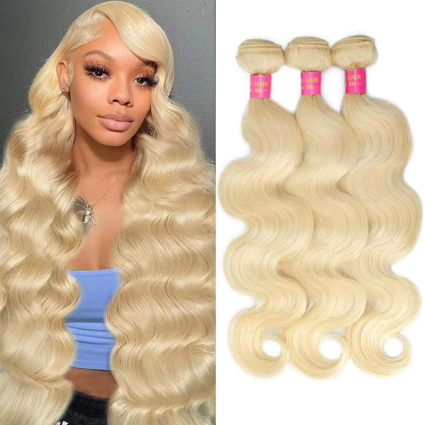 613 Body Wave Blonde Bundles Human Hair 18 20 22Inch 3 Bundles Human Blonde Hair Extensions .100% Real 14A Brazilian Virgin Raw Easy to Dye No Synthetic Blend No Tangle No Shedding 3X-Lifespan
