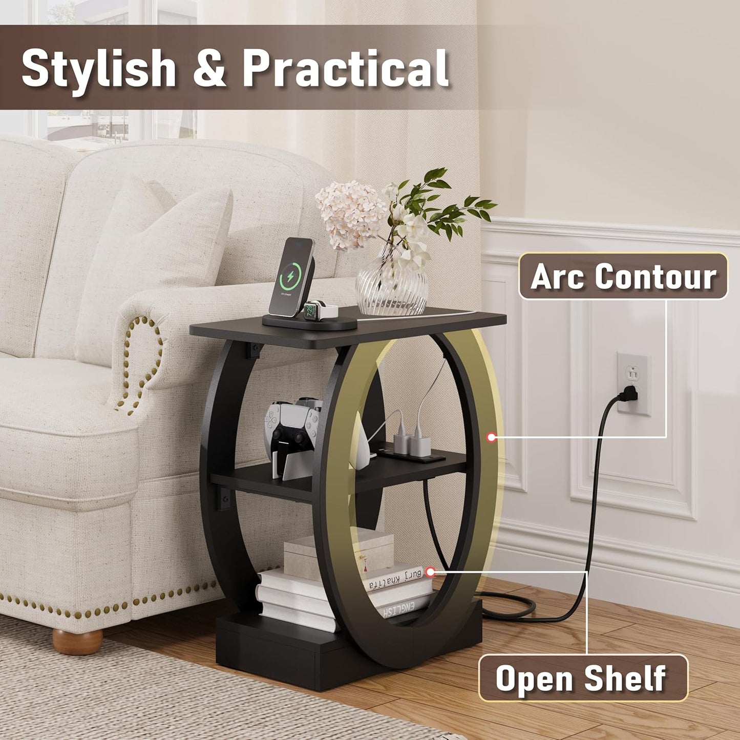End Table Set of 2 with Charging Station, Black Side Table with USB Ports and Outlets for Living Room, Wood Nightstand with Large Storage Shelf for Bedroom Sofa Couch, Bedside Table Night Stands
