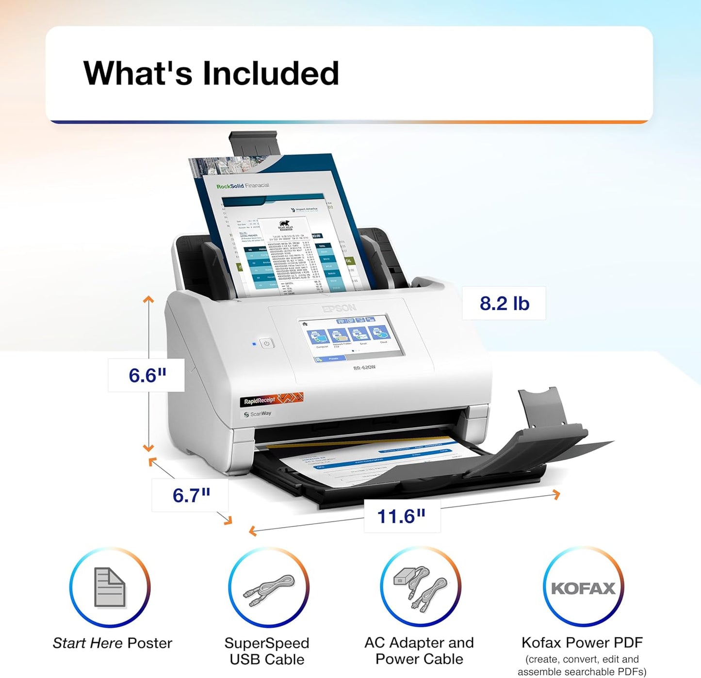Epson RapidReceipt RR-620W Wireless & USB High-Speed AI & Cloud Ready Desktop Color Duplex Receipt & Document Scanner for Mac & PC, up to 45 ppm, 4.3" Color Touchscreen, 100-Page Auto Document Feeder