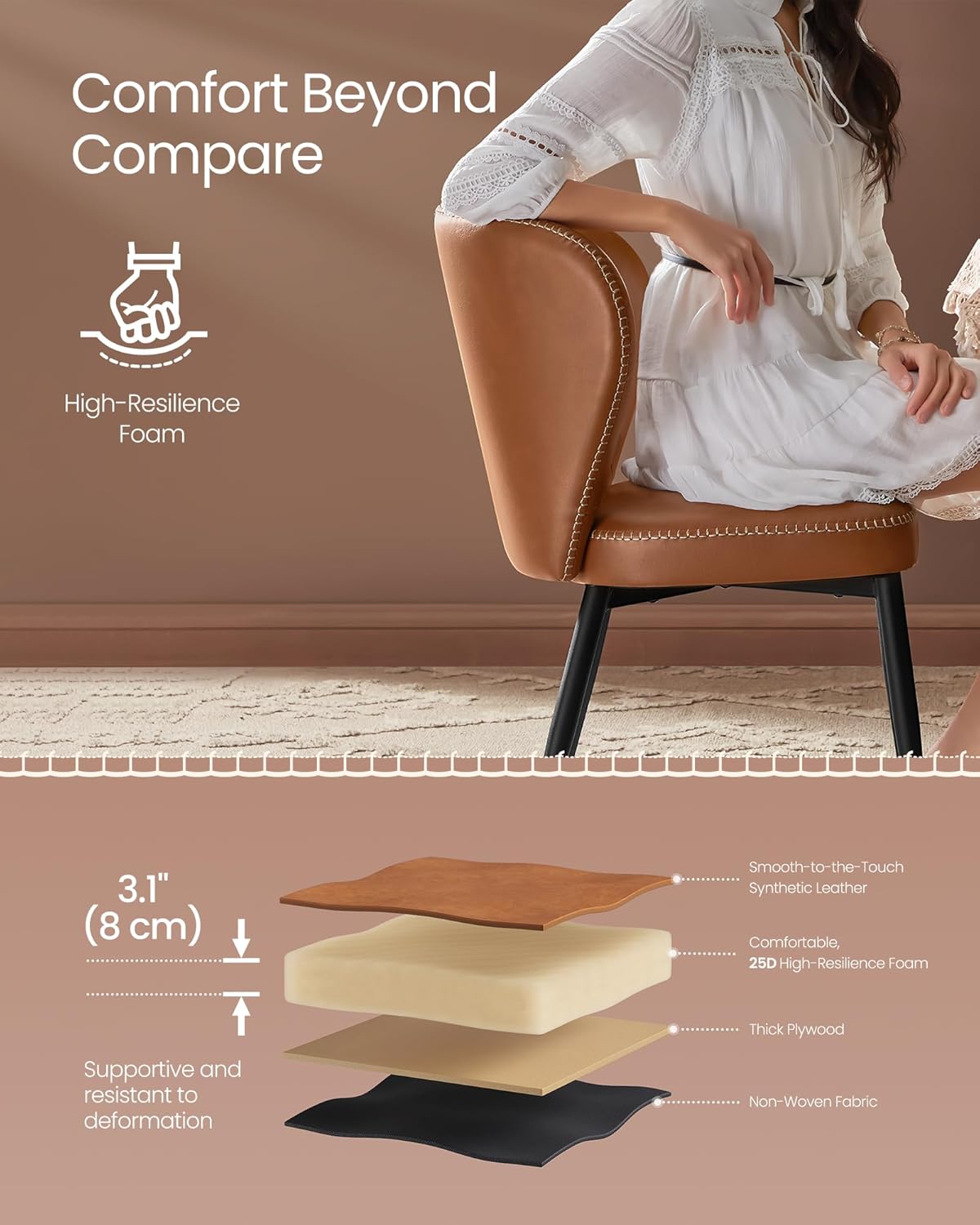 VASAGLE EKHO Collection - Dining Chairs Set of 4, Upholstered Kitchen Chairs, Comfortable Seat, Synthetic Leather with Stitching, Mid-Century Modern, Easy Assembly, Living Room Lounge, Caramel Brown
