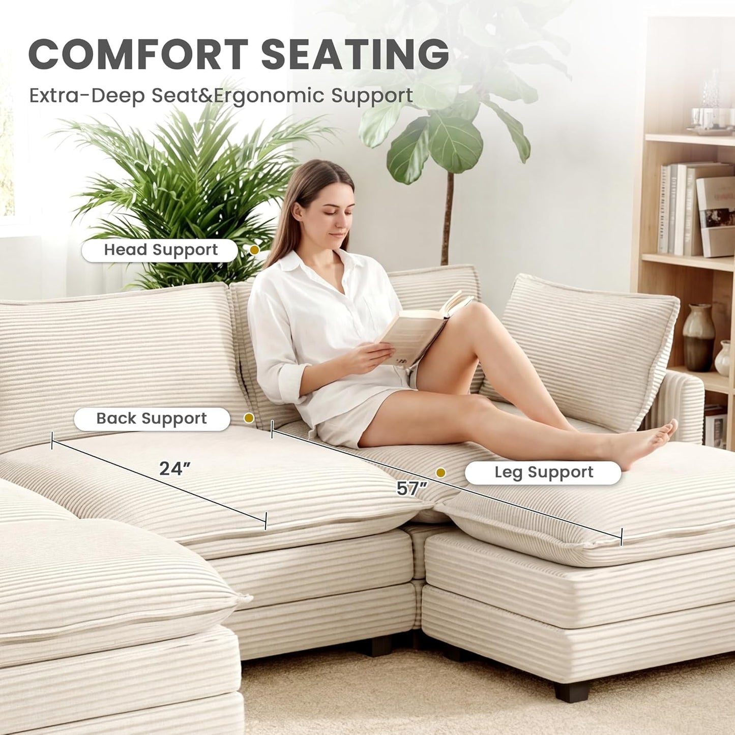 112'' Sectional Modular Cloud Couch, Oversized 5 Seat Couches U Shaped Sofa with 2 Movable Ottomans, 2 Throw Pillows, Upholstered Corduroy U Shape Comfy Deep Couches for Living Room and Office, Beige
