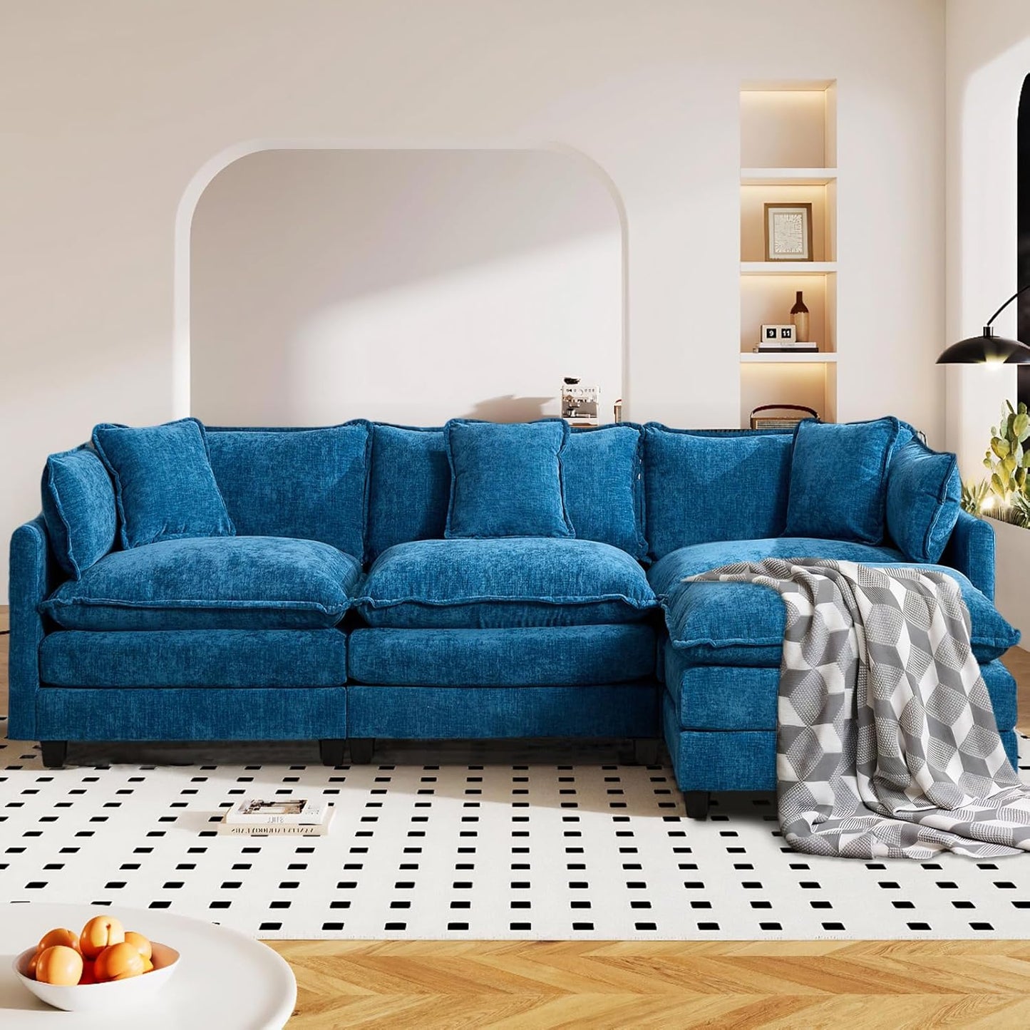 SoarFlash 113.78" Chenille Sectional Sofa, Comfy L Shaped Modular Coush Sofa with Ottoman, Modern 4 Seat Couch Deep Seat Sofa Set for Living Room,Blue