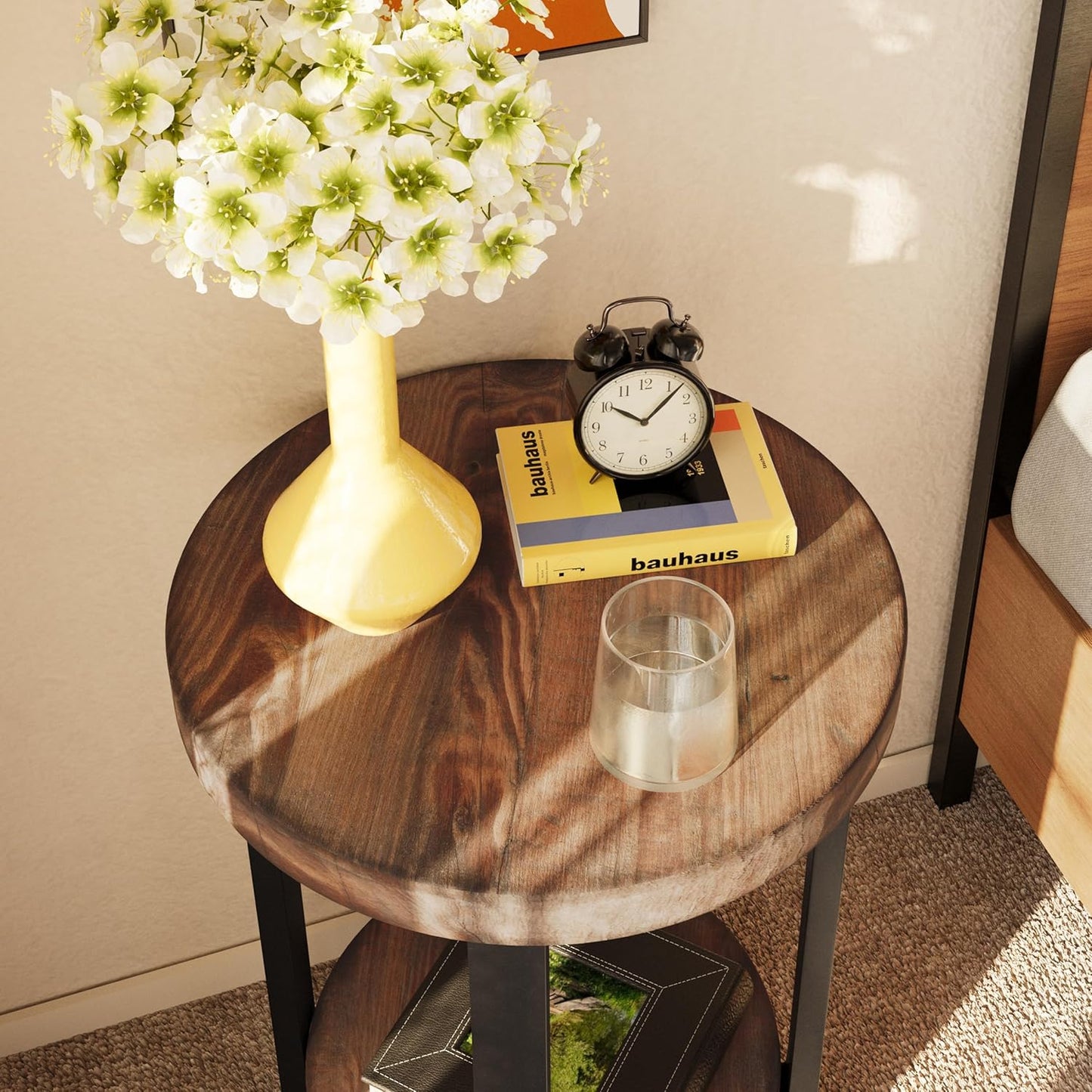 Alaterre Furniture Pomona Living Room Set of 2 Solid Wood Small Round End Tables with Shelf and Metal Legs – 2-Tier Modern Rustic Side Table or Nightstand (Rustic Brown)