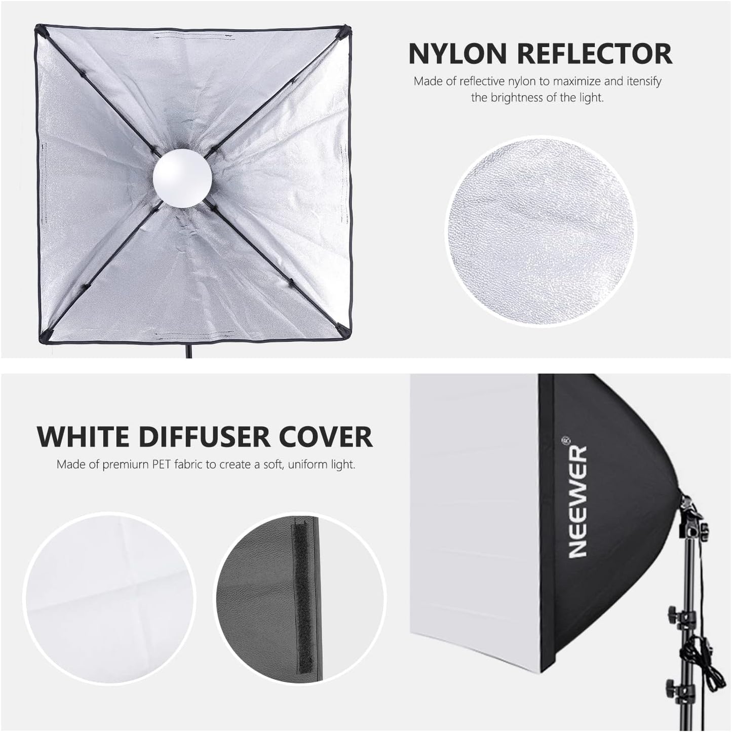NEEWER 700W Equivalent Softbox Lighting Kit, 2Pack UL Certified 5700K LED Lighting Bulbs, 24x24 inches Softboxes with E26 Socket, Photography Continuous Lighting Kit Photo Studio Equipment