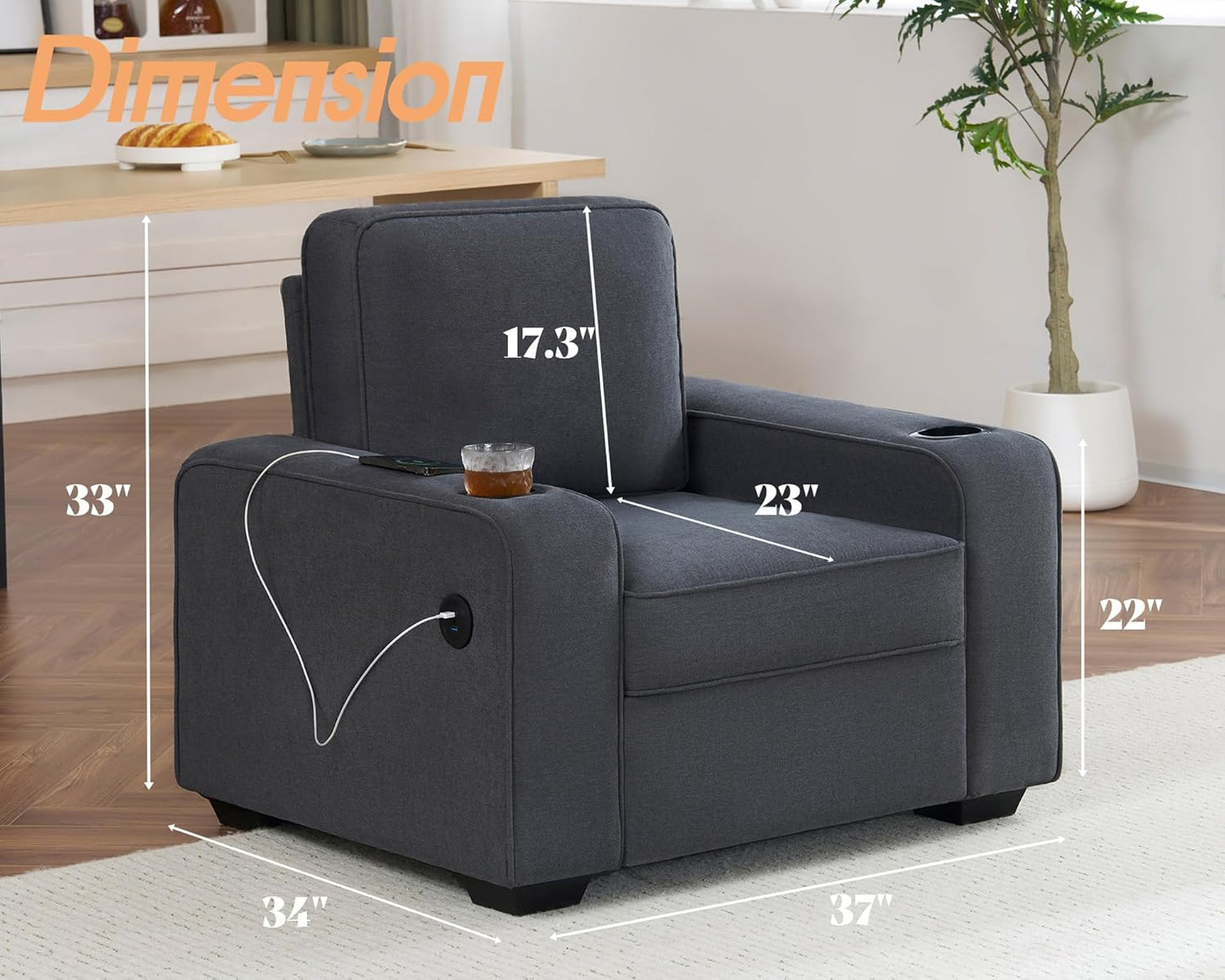 AMERLIFE Chenille Sofa Chair, Modern Comfy Couch with Cup Holders & USB Ports for Living Room, Charcoal Grey Upholstered Couch