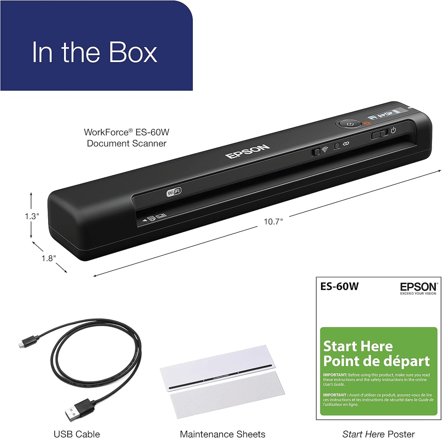 Epson Workforce ES-60W Wireless Portable Sheet-fed Document Scanner for PC and Mac 10.7" by 1.9" by 1.4"