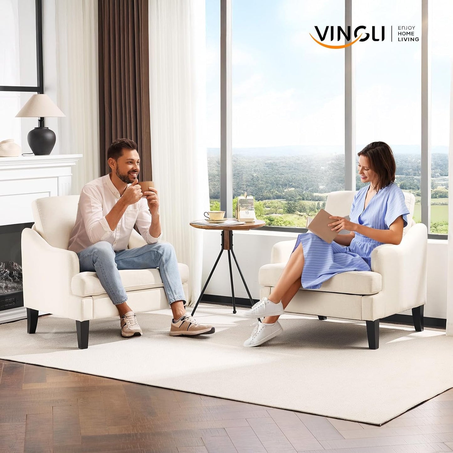 VINGLI Linen Fabric Accent Chairs Set of 2, Beige Modern Upholstered Armchair, Comfy Sofa Chair Living Room Bedroom Furniture for Apartment
