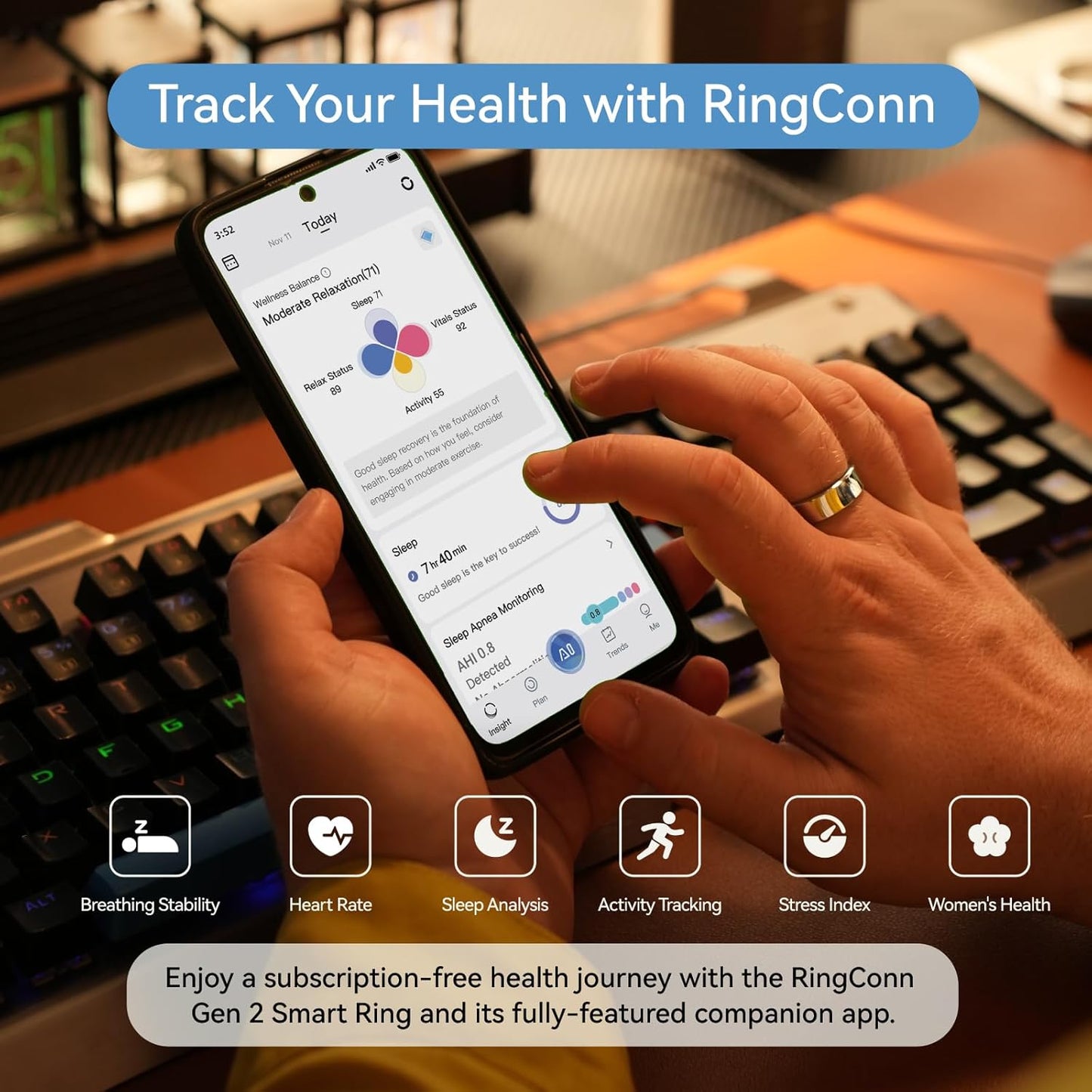 RingConn Gen 2, World's First Smart Ring with Sleep Apnea Monitoring, No APP Subscription, 12-Day Battery Life, Stress/Heart Rate/Women's Health Tracker, Android & iOS Compatible (Silver, Size 9)