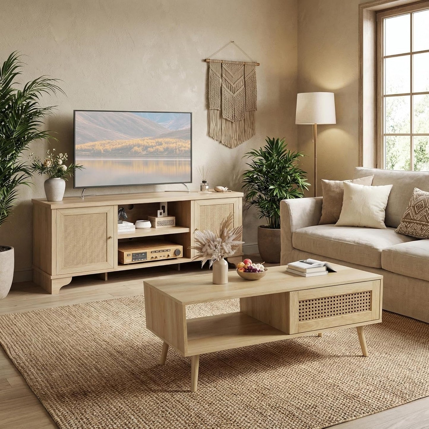 IDEALHOUSE Living Room Table Sets of 2, Includes 62" Rattan TV Stand Storage Cabinet for 65" TV, Farmhouse Coffee Table with Storage Shelf for Bedroom