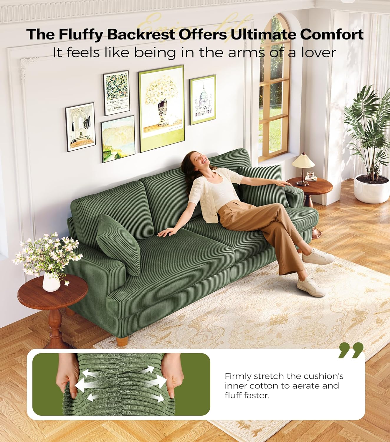87in Corduroy Couch, Kidirect Sofa No Tool Assembly, Comfy Couches for Living Room 21in Deeper Seats, Corduroy Sofas for Living Room with 2 Pillows, Oversized Loveseat Sofa, Boho Love Seat Green Couch