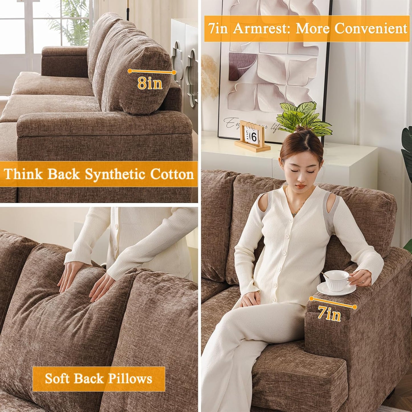 85'' L Shaped Couch with Armrest Organizer,Comfy 3 Seats Sofa with Thick Cushion,Chenille Sectional Couches for Living Room,Bedroom,Apartment,Sofa Set with Oversized Chair,Home Furniture,Brown
