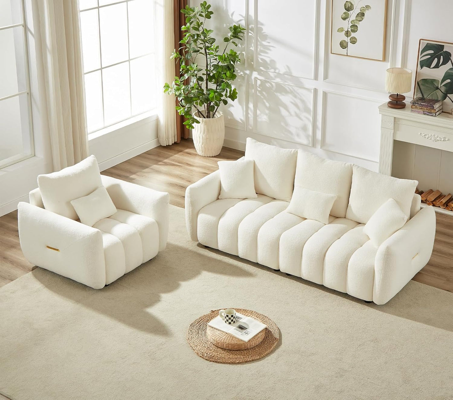 Antetek Set of 3 Teddy Sofa for Living Room, Modern 2 Units Deep Seat Sofa Chairs and an Oversized 3-Seater Cloud Boucle Couch for Bedroom, Office, Apartment, Furniture Set, Beige (3 Pieces)