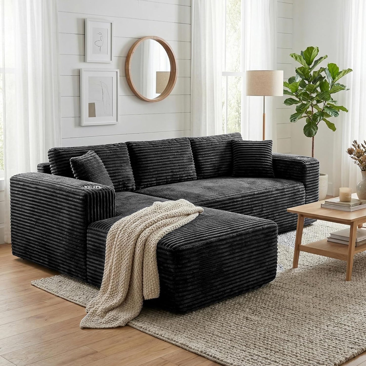 Shintenchi Boneless Couches for Living Room with 2 Cup Holders,L Shaped Modular Sectional Sofa Set,No Assembly Needed Plush Corduroy Living Room Set,Black