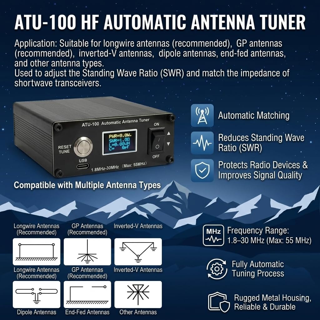 V3.2 ATU-100 EXT Automatic Antenna Tuner for Ham Radio – 1.8-55MHz, Low SWR Tuner, Compact Design, Works with Amateur Radio Equipment, Ideal for POTA/SOTA/DX with 5000mAh Battery
