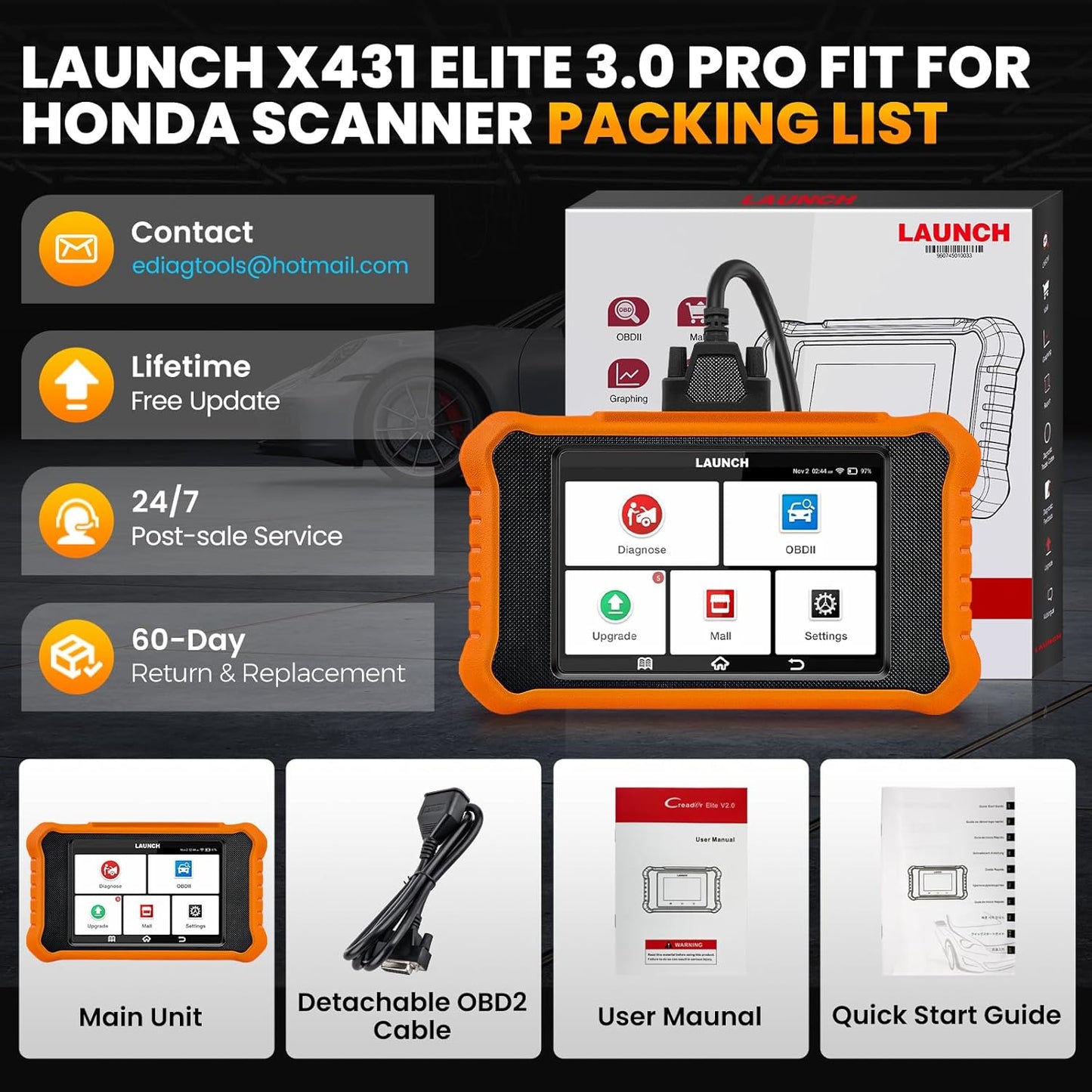 2026 LAUNCH Creader Elite V3.0 for Honda Acura OBD2 Scanner, Full Systems Bi-Directional Scan Tool, All Reset Services, Full OBD2 Code Reader, AUTOVIN, Battery Registration, Lifetime Free Update