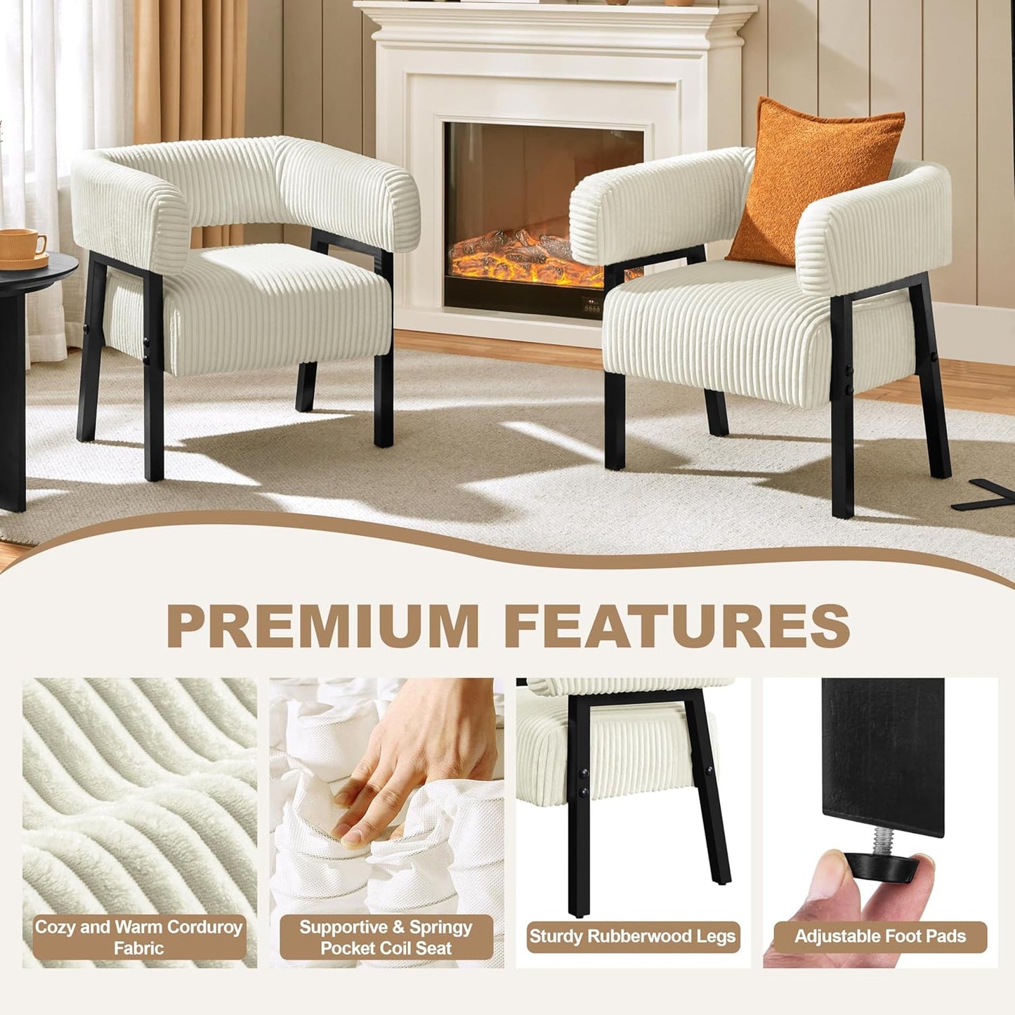 Yaheetech Accent Chair Set of 2 with Pocket Coiled Seat, Corduroy Living Room Barrel Chair Comfy Modern Sofa Armchair for Small Space Bedroom Reading, Beige