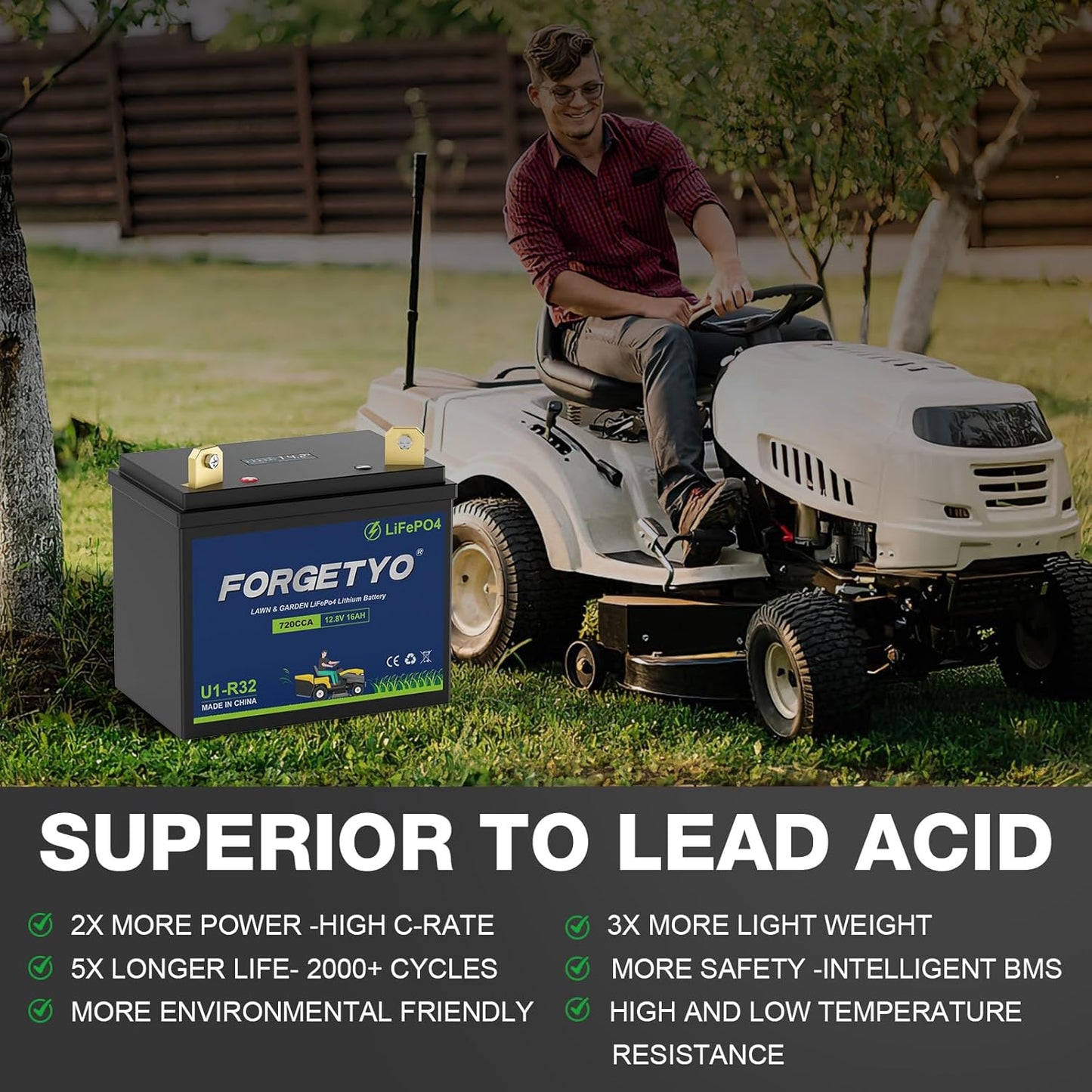 U1 Riding Lawn Mower Battery, 12V 16Ah 720CCA Lithium LiFePO4 Garden Tractor Starting Battery, Compatible with John Deere,Cub Cadet,Craftsman,Troy-Bilt Mower, and Generator