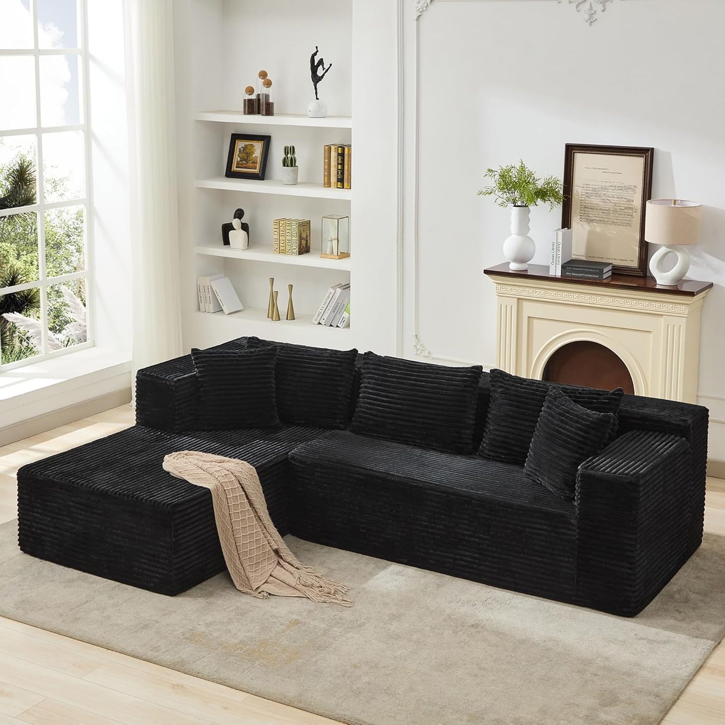 Boneless Couch, 106" Left Corduroy Cloud Couch Sectional .Vacuum Compressed Couch, L-Shaped Modular Sectional Couch with Chaise Lounge, Boneless Couch for Living Room, Comfy Compact Sofa Set