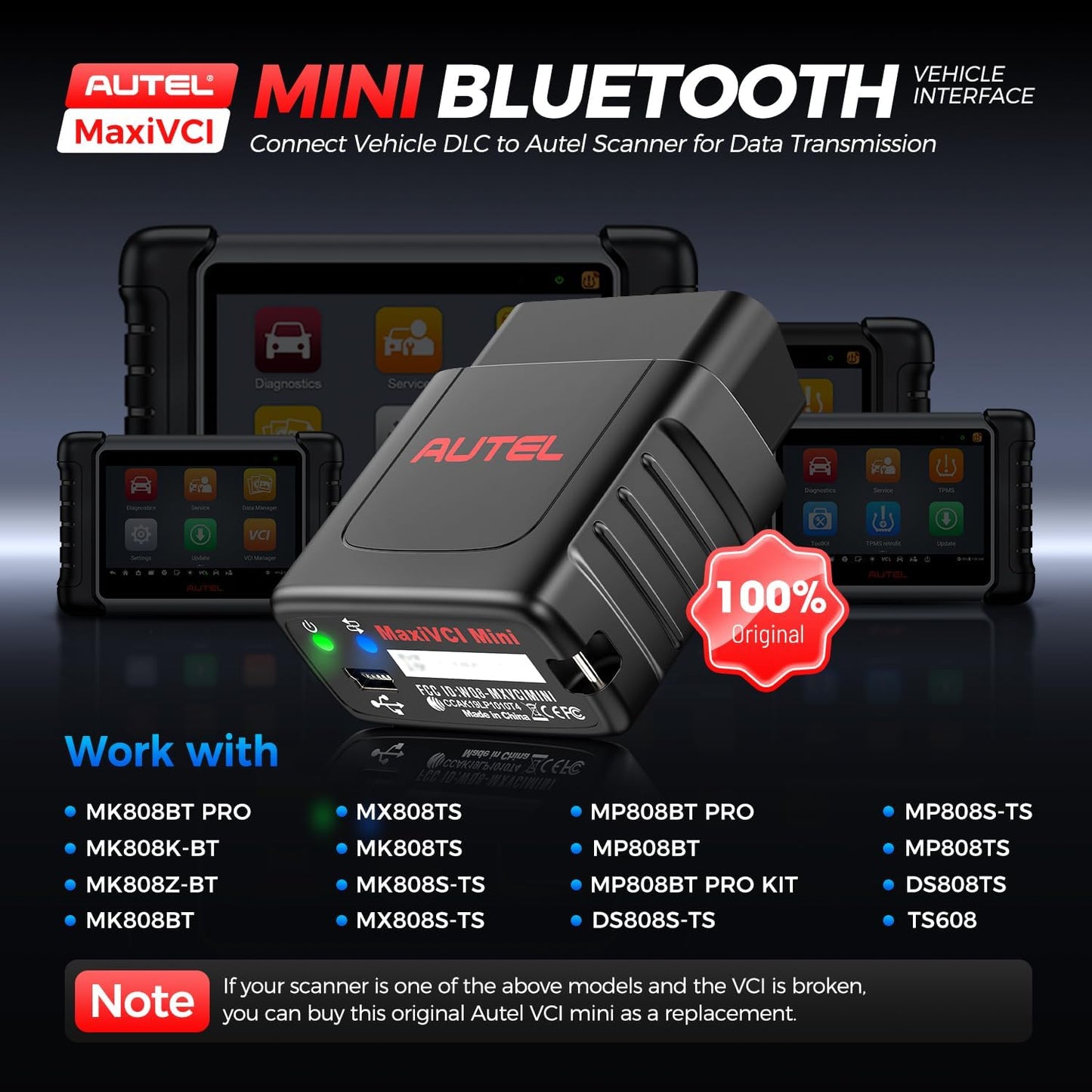 Autel MaxiSys MaxiVCI VCI Mini Bluetooth Diagnostic Interface, 2026 Vehicle Wireless Dongle, Work with Autel Scanner MaxiCOM MK808BT PRO MK808Z-BT MP808BT Pro MK808S-TS MX808S-TS MP808S-TS MK808TS