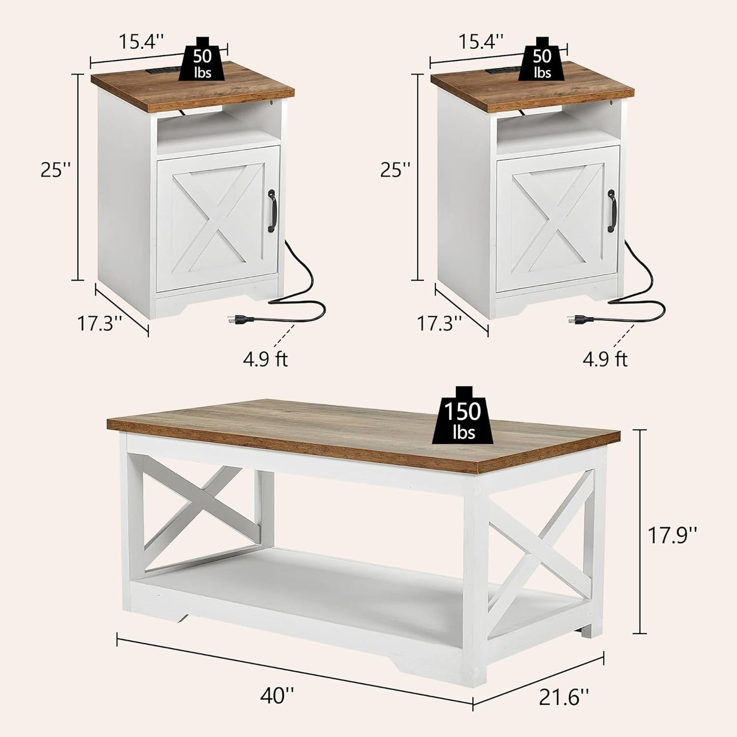 LUXOAK 3-Piece Farmhouse Living Room Table Sets, Includes 1 x Coffee Table, 2 x End Tables with Charging Station & USB Ports, Rustic Coffee Table Set of 3, Distressed White