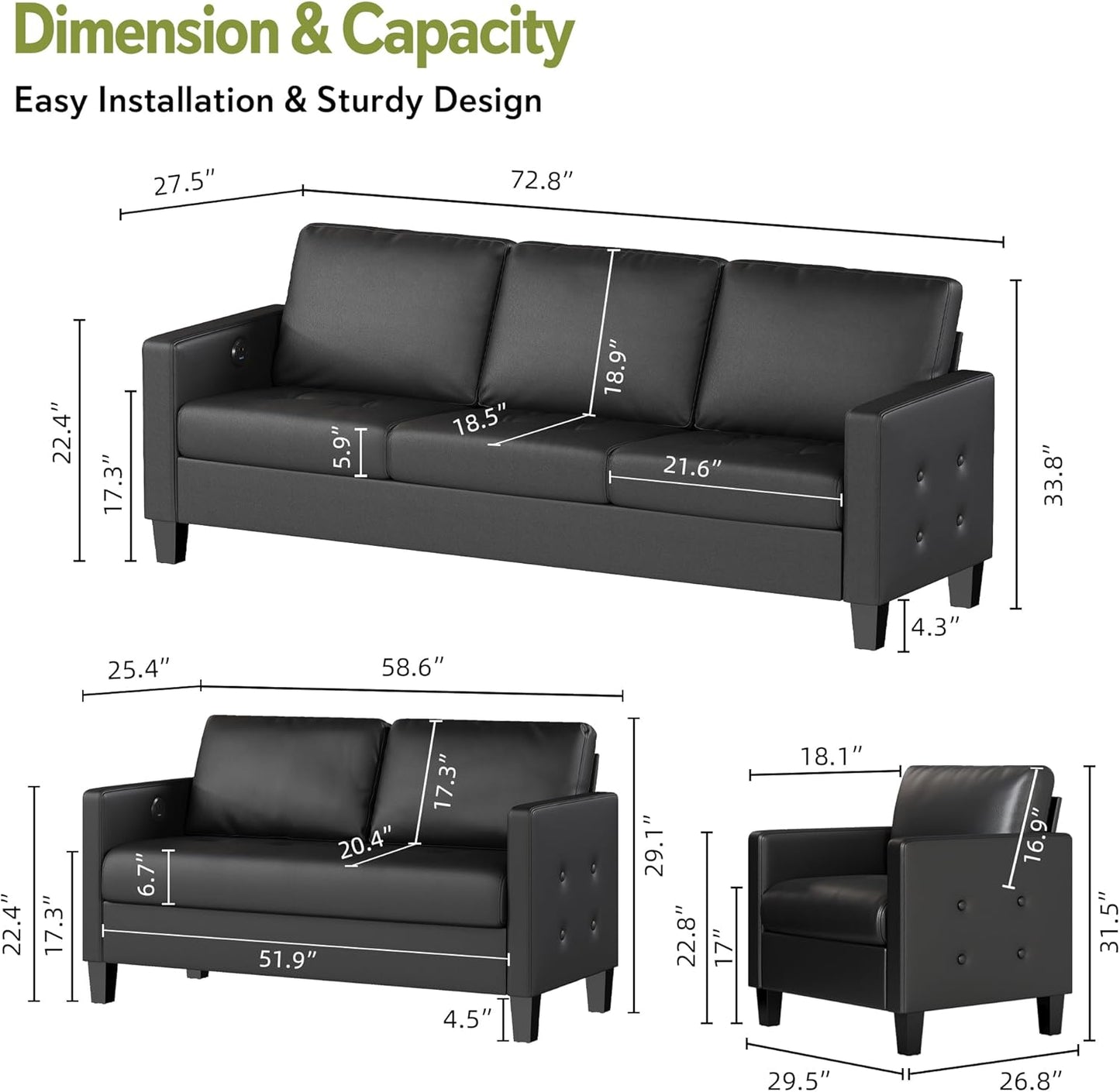STHOUYN Black Faux Leather 3 Seater Sofa, Loveseat and Accent Chair, Modern Comfy Office Furniture Set, Small Love Seat Couch with Tufted Armrest and USB, 3 Pieces Living Room Furniture Sets (3+2+1)