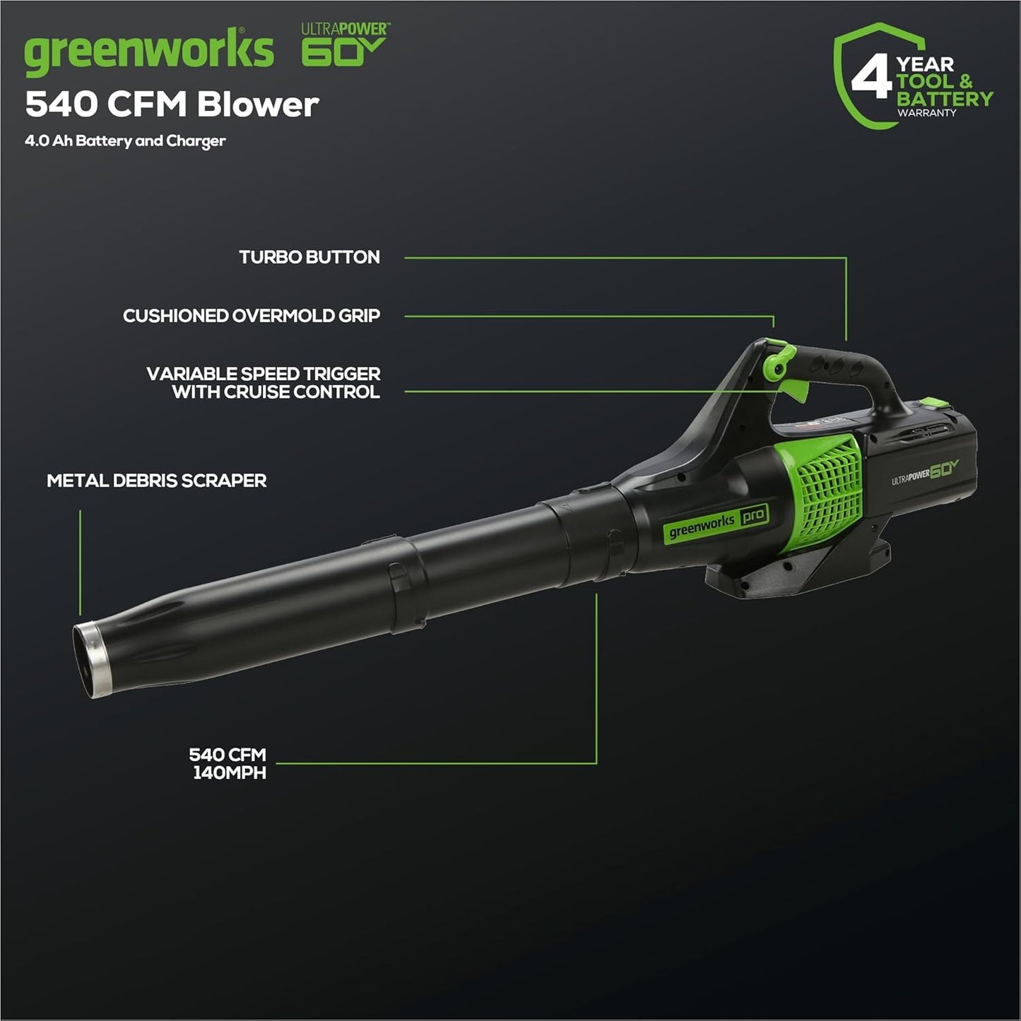 Greenworks 60V Cordless Yard Tool Combo Kit with 4.0Ah Battery & Charger – 13" Dual-Line String Trimmer and 540 CFM Leaf Blower