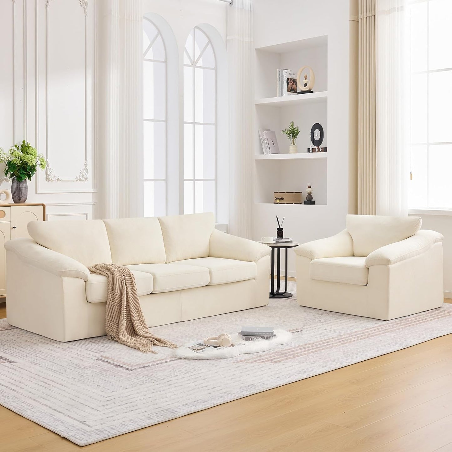 Boneless Couch Sets, Modern 3 Seater Sofa with Accent Chair, Floor Cloud Couch Sets with Extra Comfy Soft Deep Seats for Living Room, Apartment, No Assemby, Set of 2, Beige