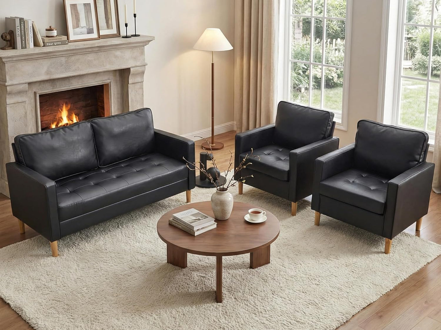 TYBOATLE 57" Small Black Faux Leather Sofa Couch, 3 Piece Living Room Set, Mid-Century Modern Tufted Comfy Loveseat, 2 Seater Office Couches Love Seat for Small Space Bedroom Drom Apartment Playroom